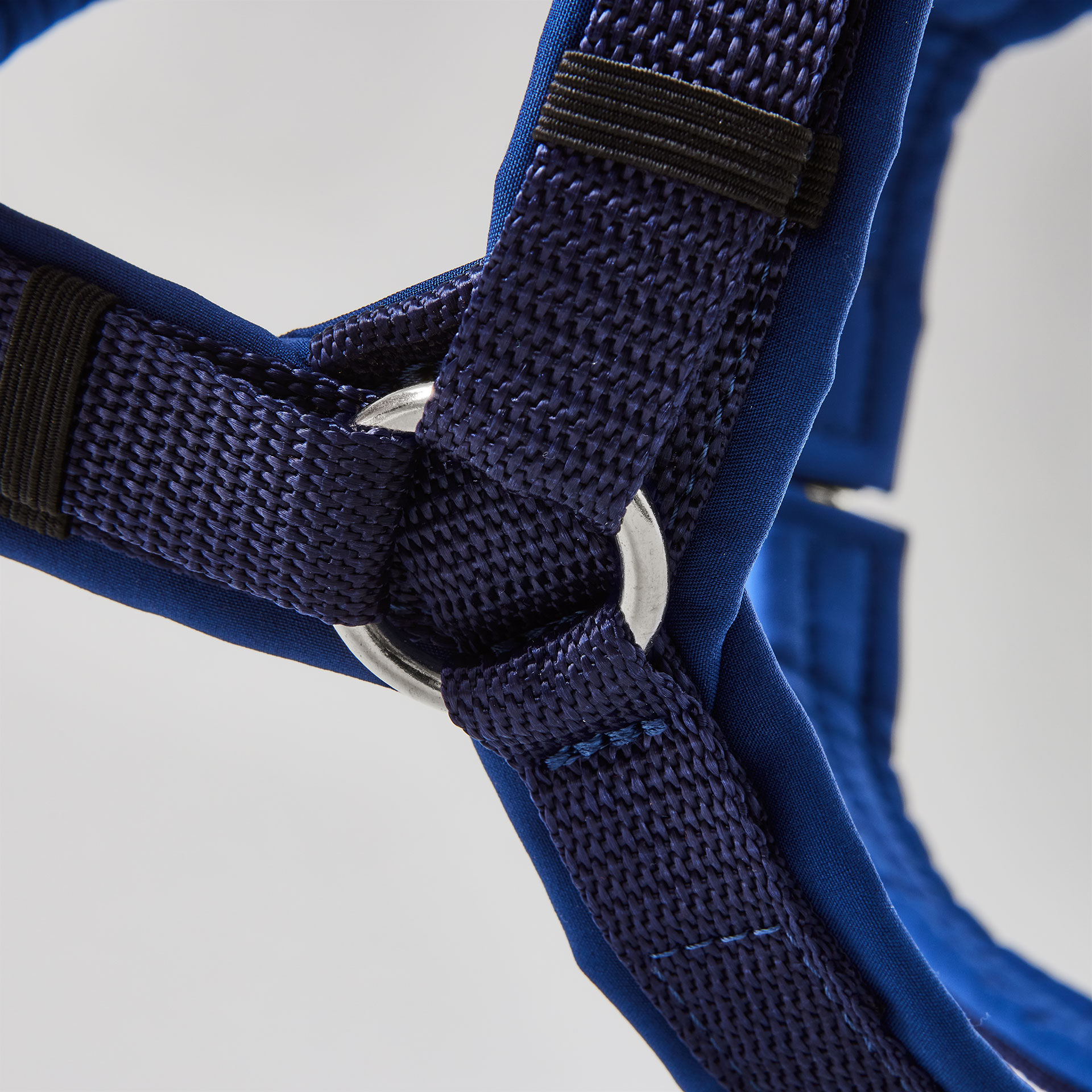 Gepolstertes Hundegeschirr in Y-Form in Dunkelblau mit silberfarbenen Beschlägen.