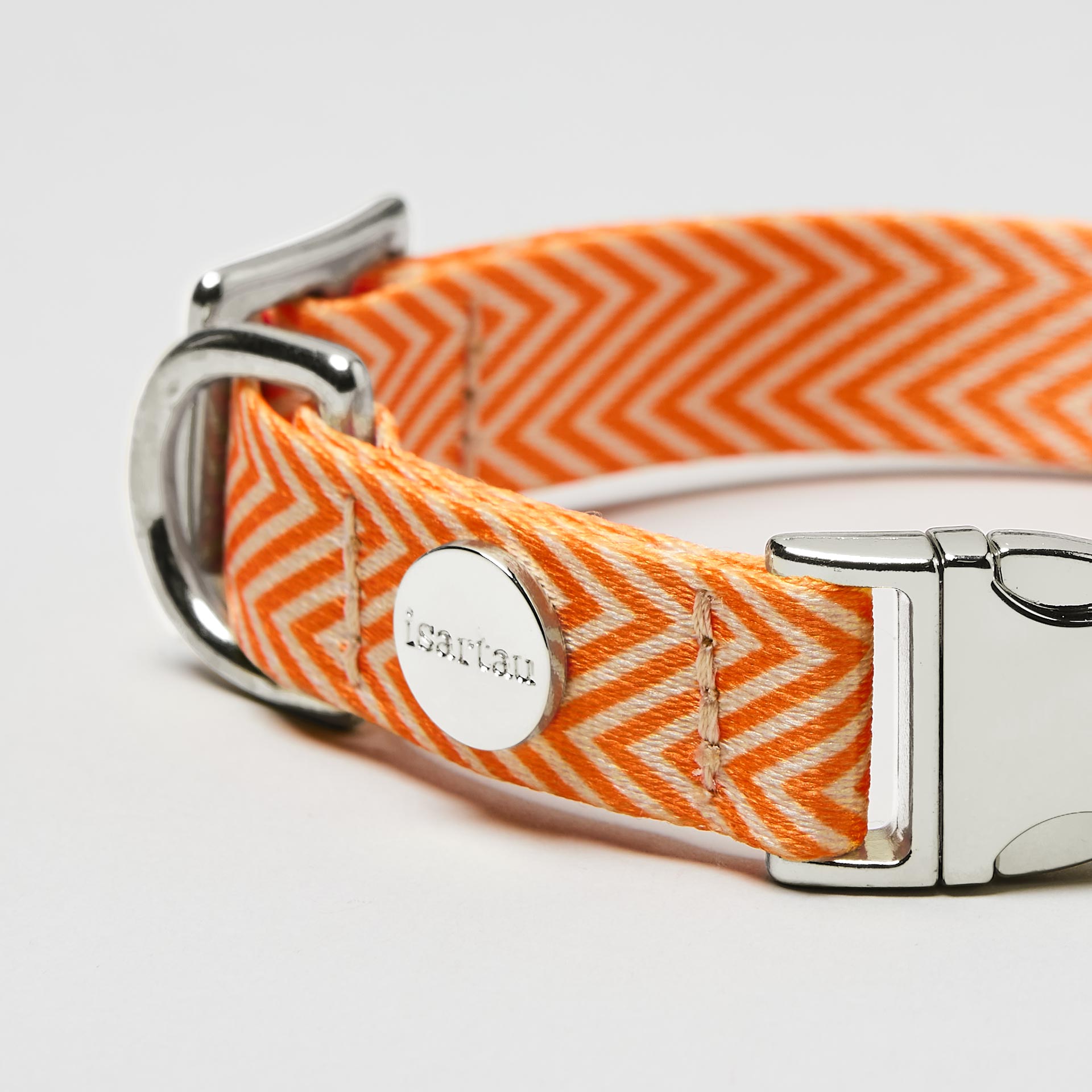 Nahaufnahme Hundehalsband Tänzer silberfarben, Gurtband mit Fischgrät Muster