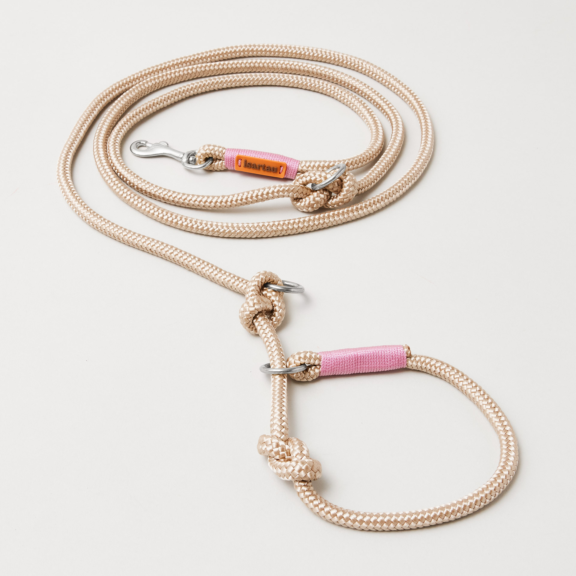 Retrieverleine aus Tau Wood Owl Rose, Halsung mit integrierter Leine, silberfarbene Bolzenkarabiner, 2-fach längenverstellbar, erhältlich in 8 mm