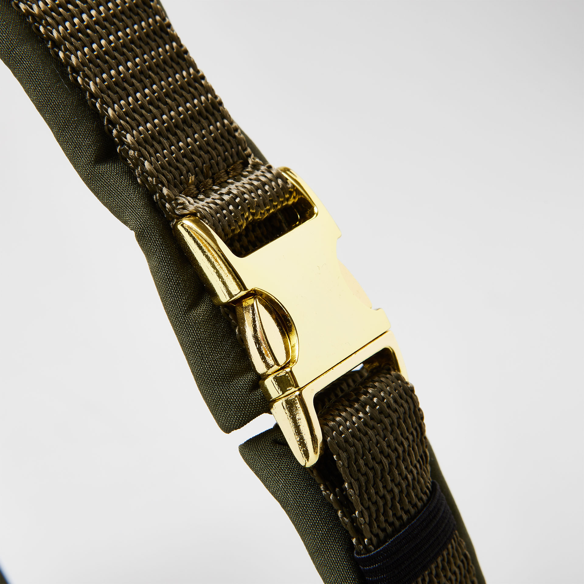 Verstellbare goldfarbene Steckschließe am Bauchgurt, olivfarbenes Hundegeschirr