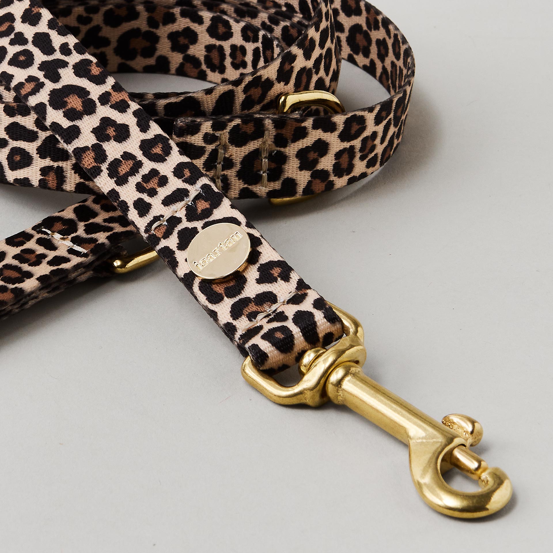 Detail verstellbare Hundeleine Leo 20mm breites Gurtband mit Leoprint goldfarbene Karabiner