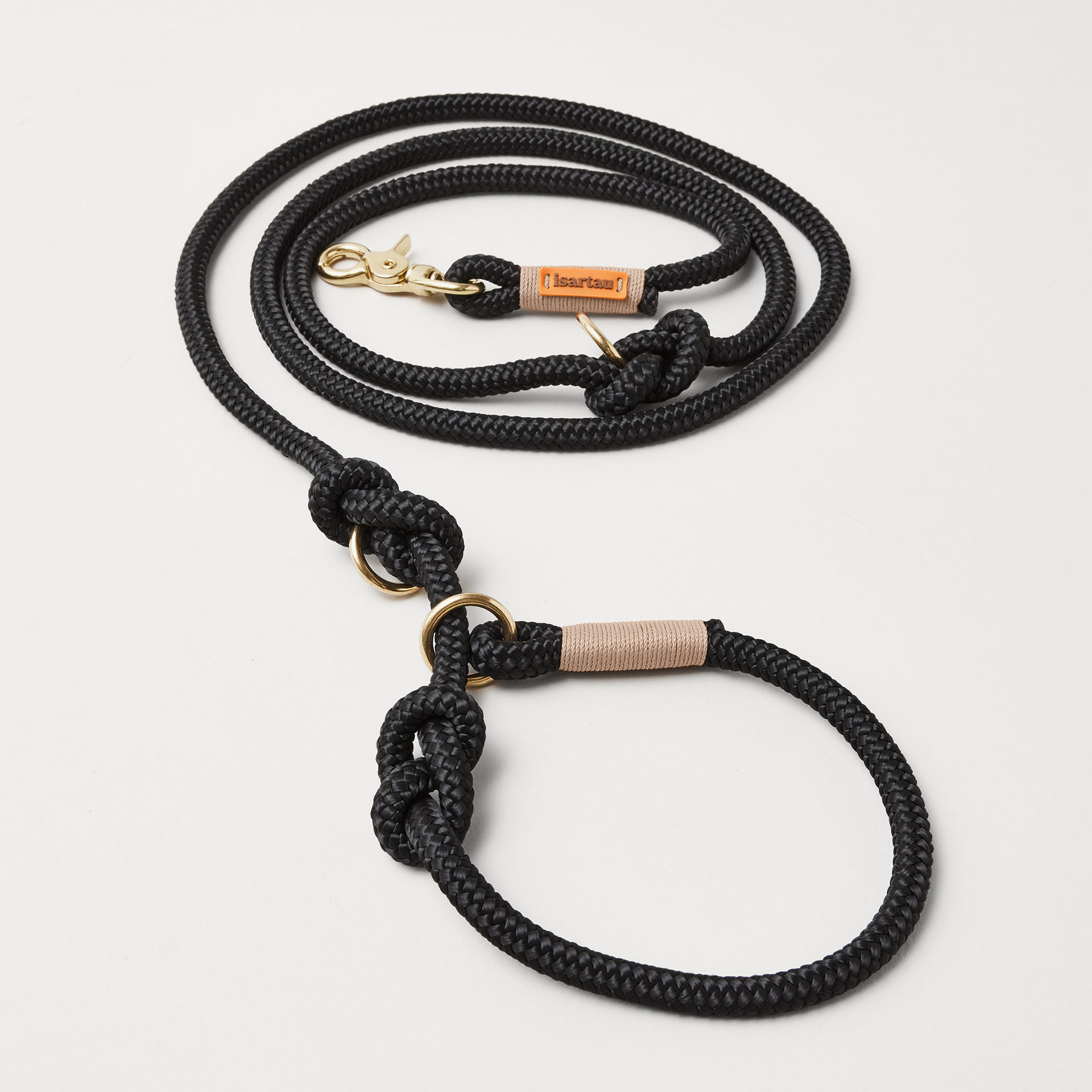 Retrieverleine aus Tau Black Mamba Beige, Halsung mit integrierter Leine, goldene Messingkarabiner, 2-fach längenverstellbar, erhältlich in 8 und 10 mm