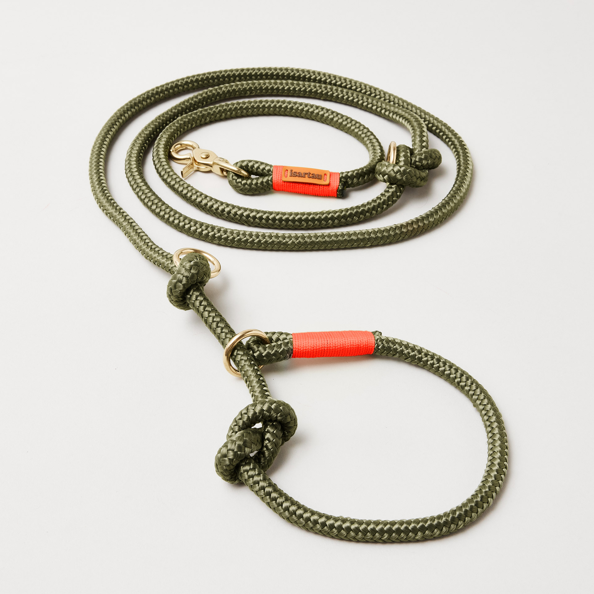 Retrieverleine aus Tau Olive Grove Neonorange, Halsung mit integrierter Leine, goldene Messingkarabiner, 2-fach längenverstellbar, erhältlich in 8 und 10 mm