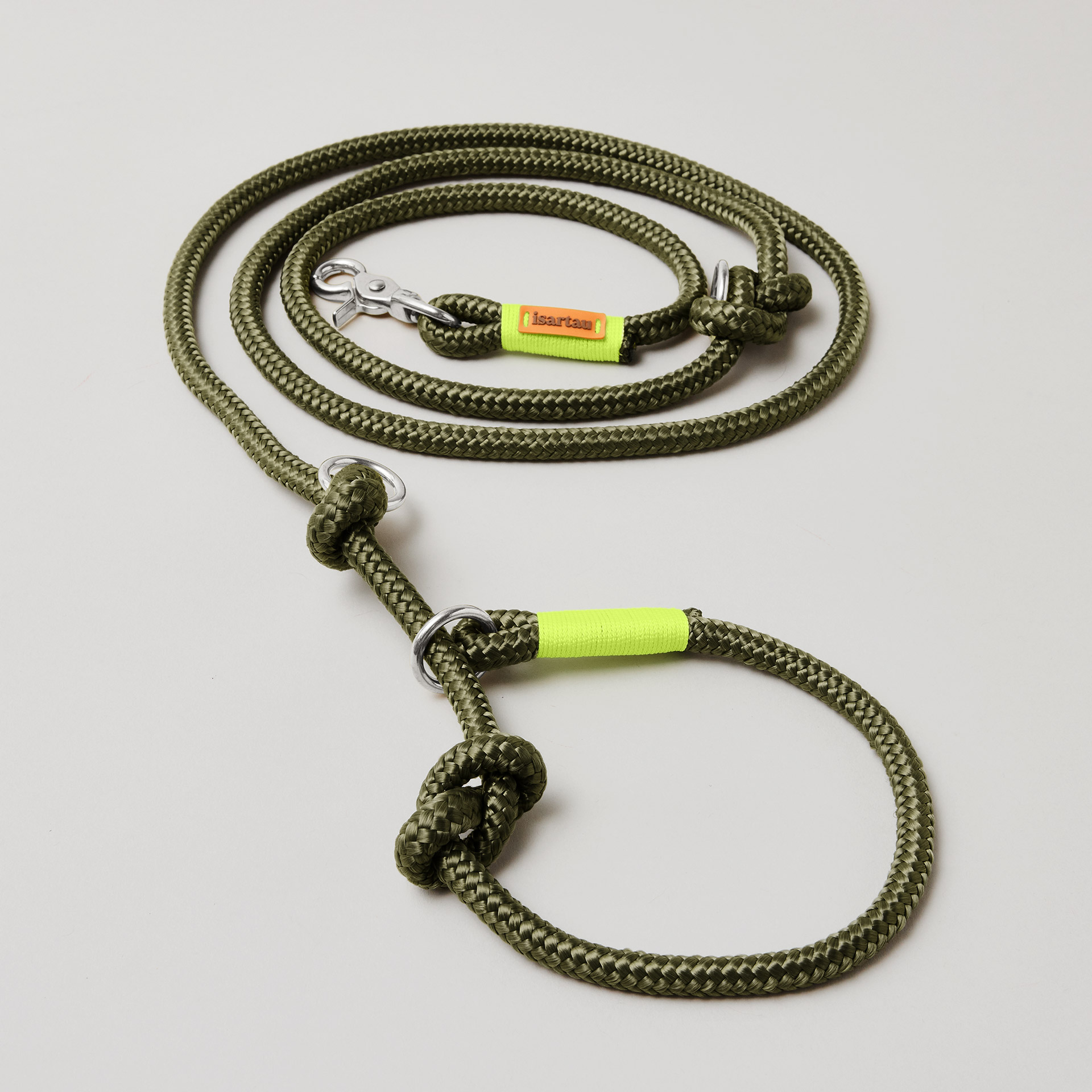 Retrieverleine aus Tau Olive Grove Neongelb, Halsung mit integrierter Leine, silberne Karabiner, 2-fach längenverstellbar, erhältlich in 8 und 10 mm