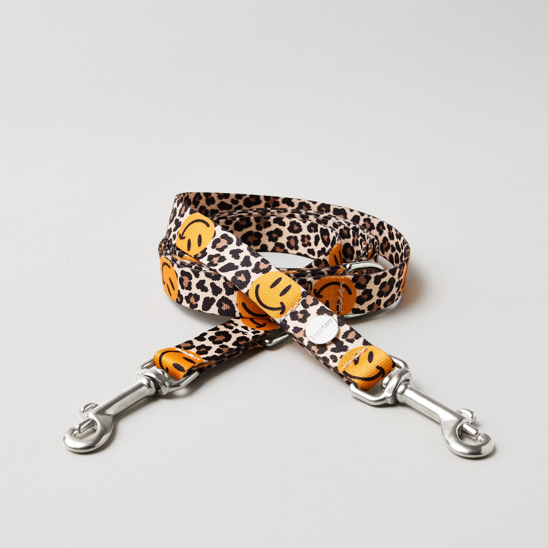 Verstellbare Hundeleine Leo Smile 20mm breites Gurtband mit Leo- und Smilemuster silberfarbene Karabiner