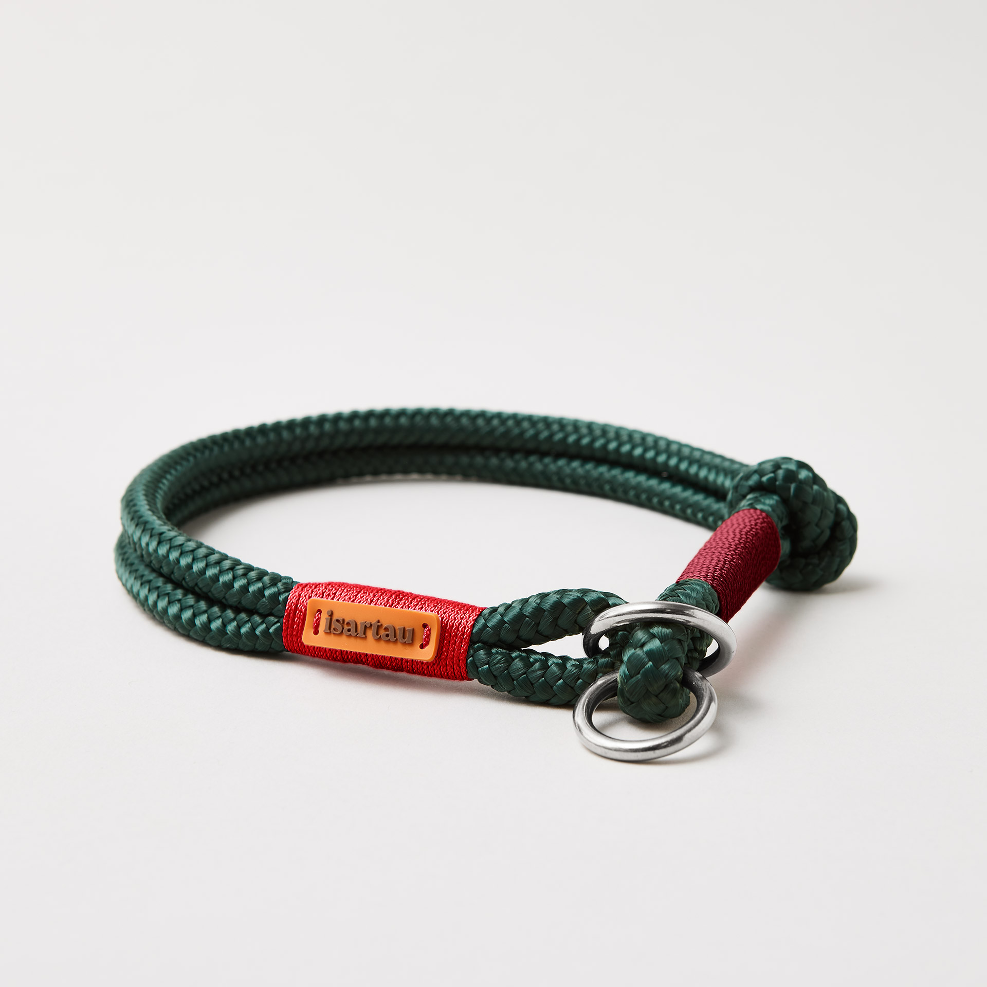 Tauhalsband Zugstopp Evergreen Rot Burgunder 8 und 10 mm mit silberfarbenen Beschlägen, dunkelgrünes Tau mit roter und weinroter Takelung