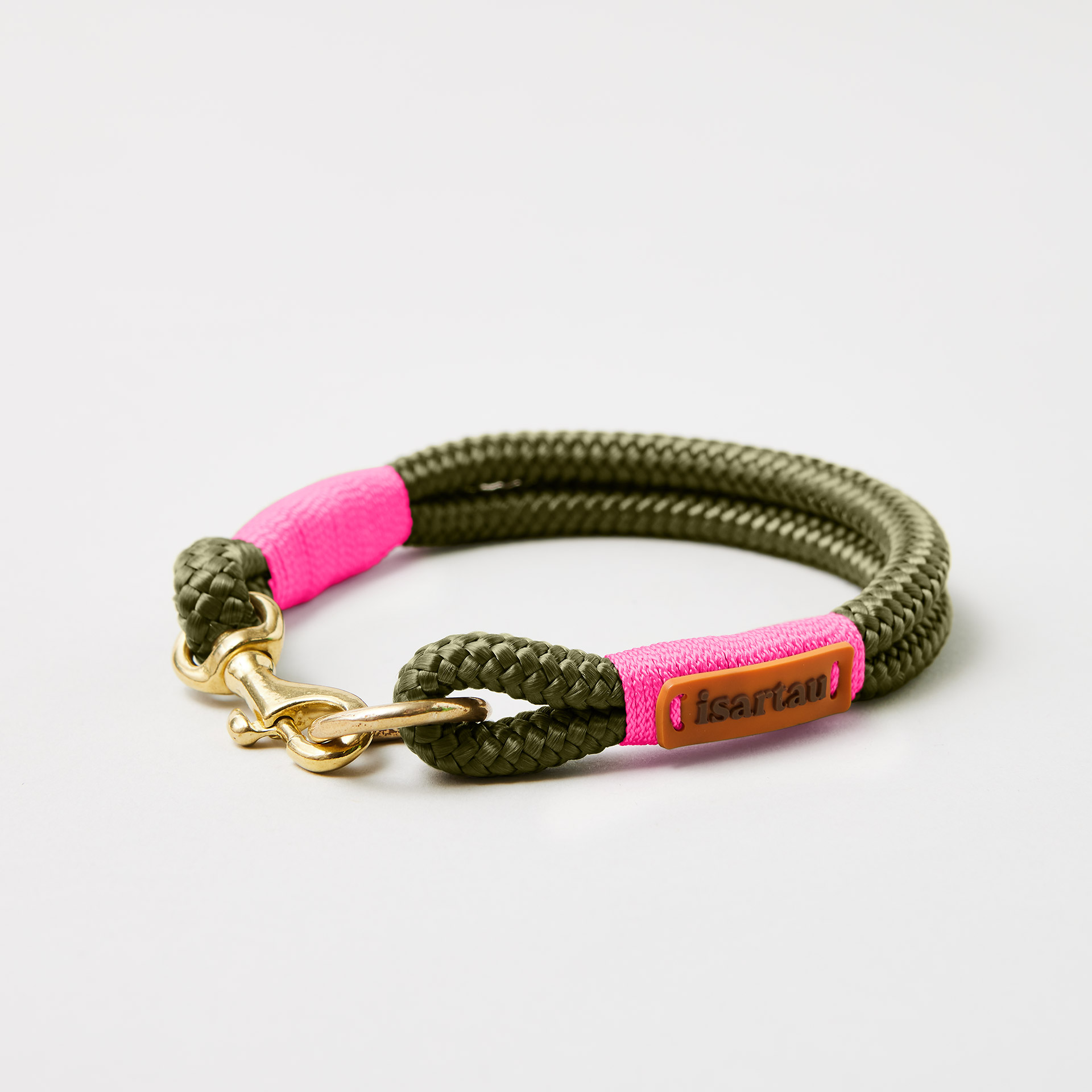 Feste Halsung aus Softtau, Olive Grove Neonpink, 8 mm, Mini Bolzenkarabiner Messing