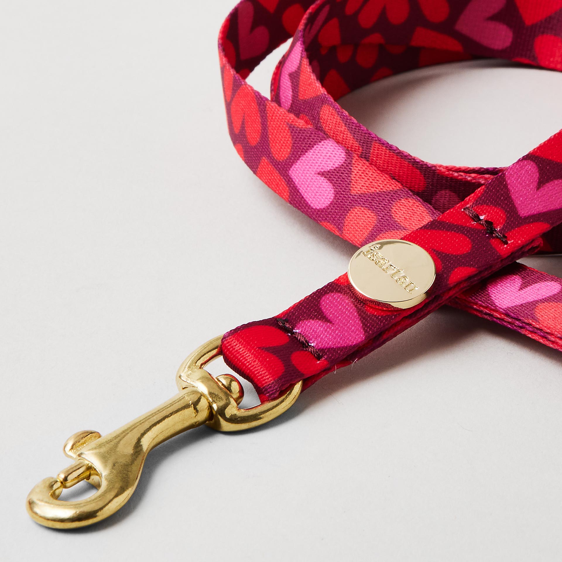 Detail schmale Hundeleine Herzklopfen Gurtband mit roten Herzen in 15mm Breite goldfarbene Mini-Karabiner