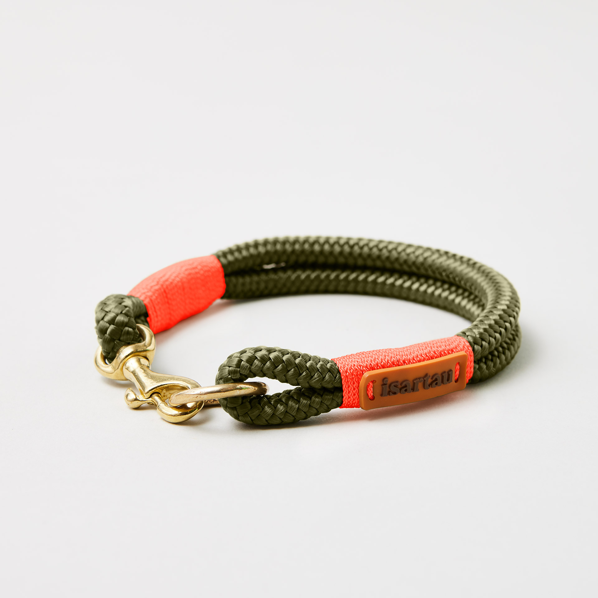Tauhalsband Feste Halsung Olive Grove Neonorange 8 mm, kleinen Messing-Beschläge, olives Softtau mit neonoranger Takelung