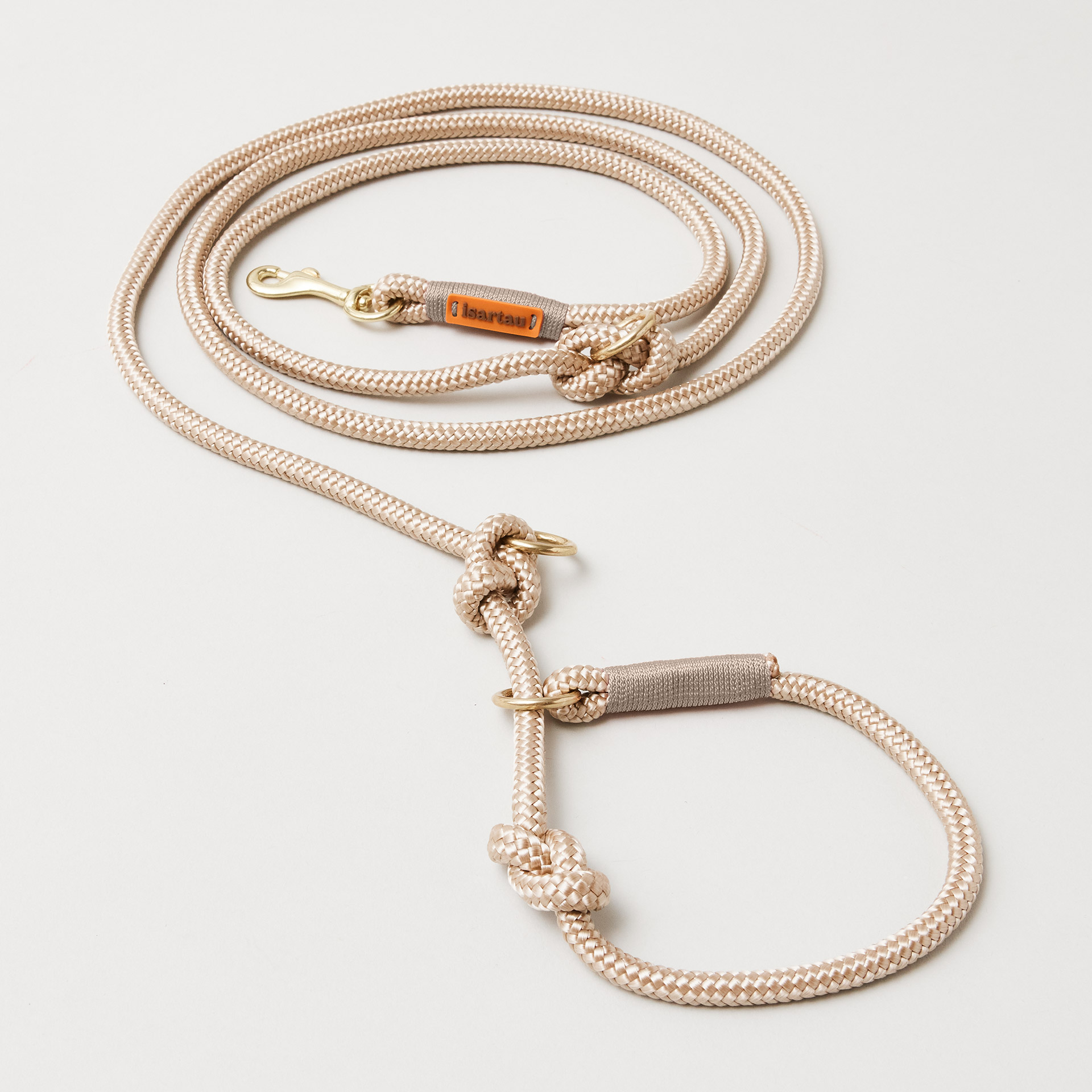 Beige Tau Retrieverleine Wood Owl Sand, Taustärke 8 mm, Messing, 2-fach verstellbar