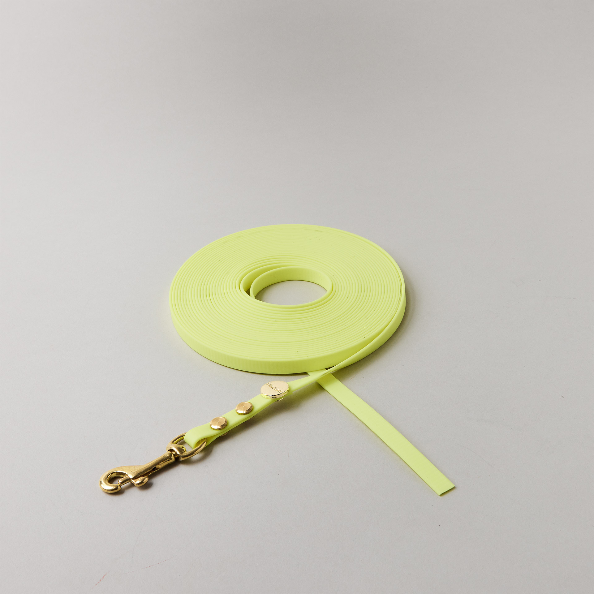 Schleppleine Neongelb, 9mm breit, Mini-Bolzenkarabiner aus Messing, ohne Handschlaufe