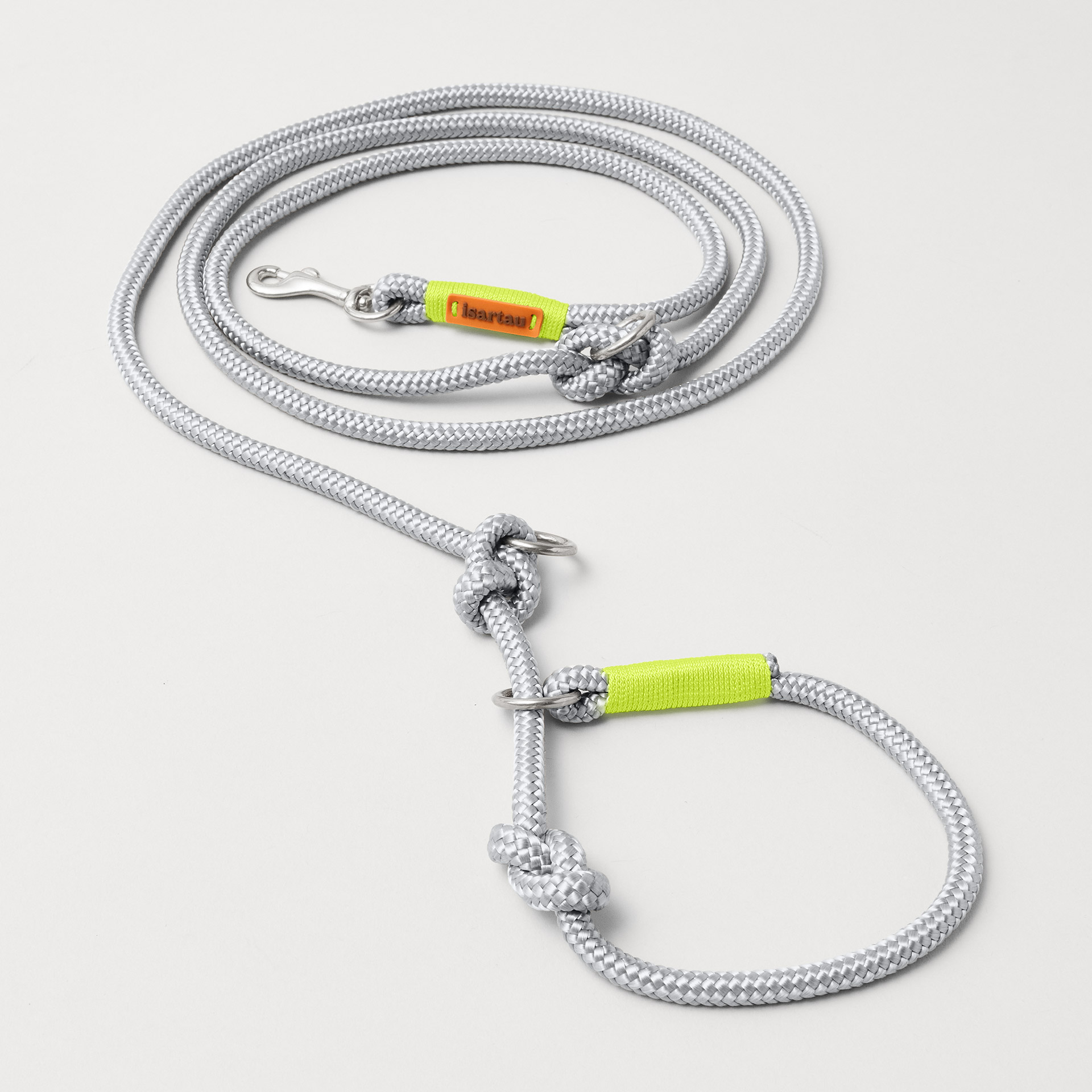 Retrieverleine aus Tau Pebble Stone Neongelb, Halsung mit integrierter Leine, silberne Karabiner, 2-fach längenverstellbar, erhältlich in 8mm