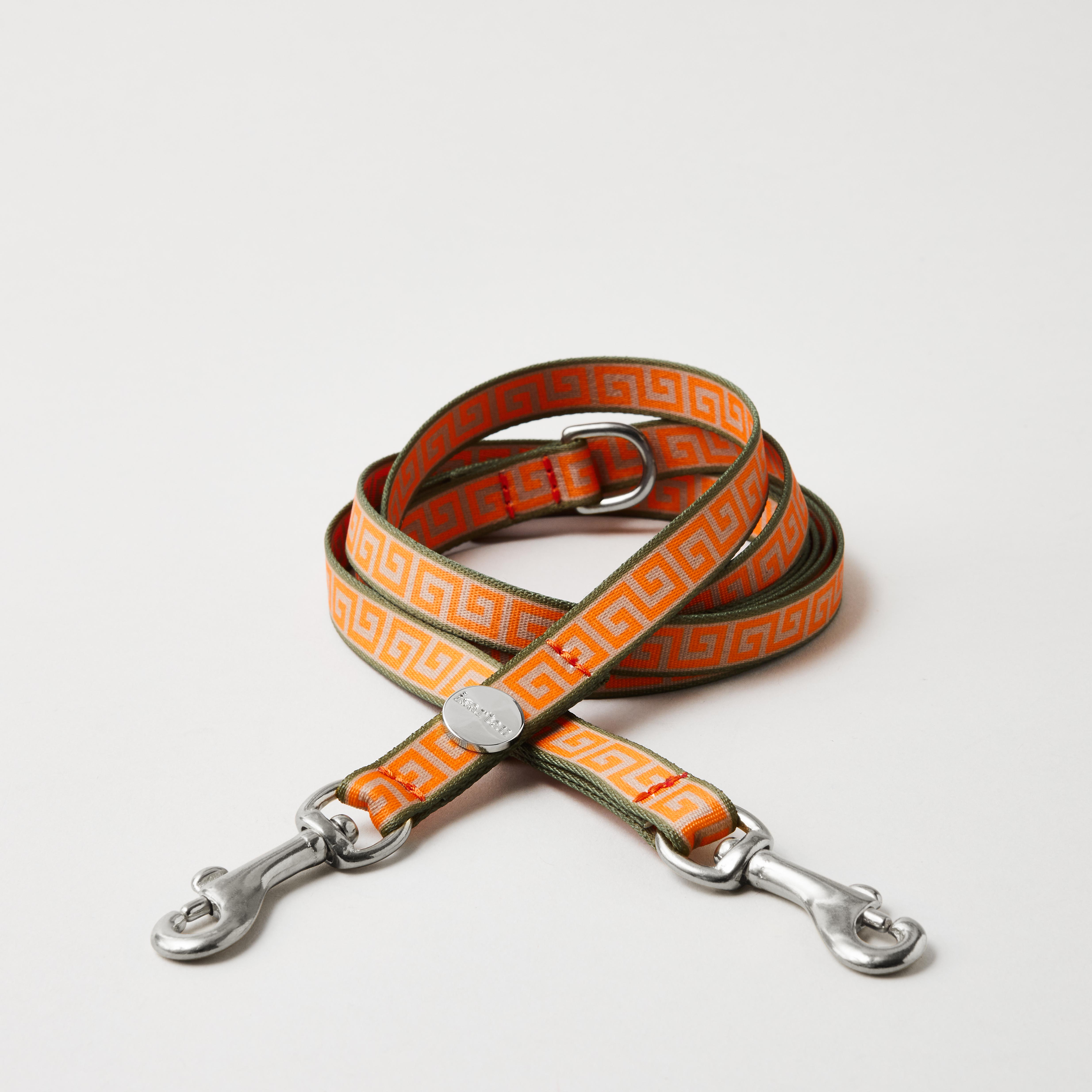 Verstellbare Hundeleine Wellenbrecher Gurtband mit Mäander Muster in Orange Oliv in 15mm Breite silberfarbene Mini-Karabiner