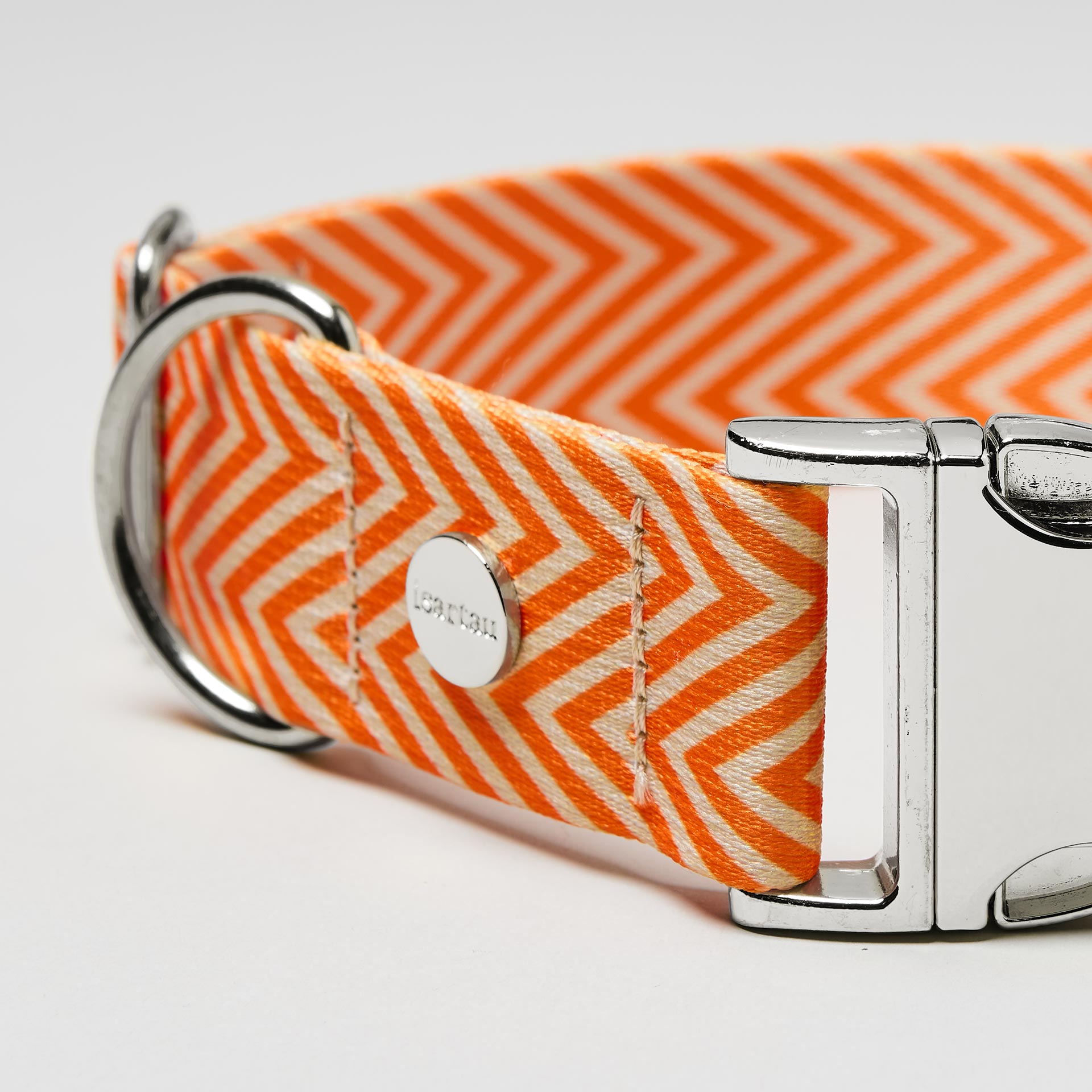 Nahaufnahme verstellbares Hundehalsband Tänzer silberfarben, Gurtband mit Fischgrät Muster