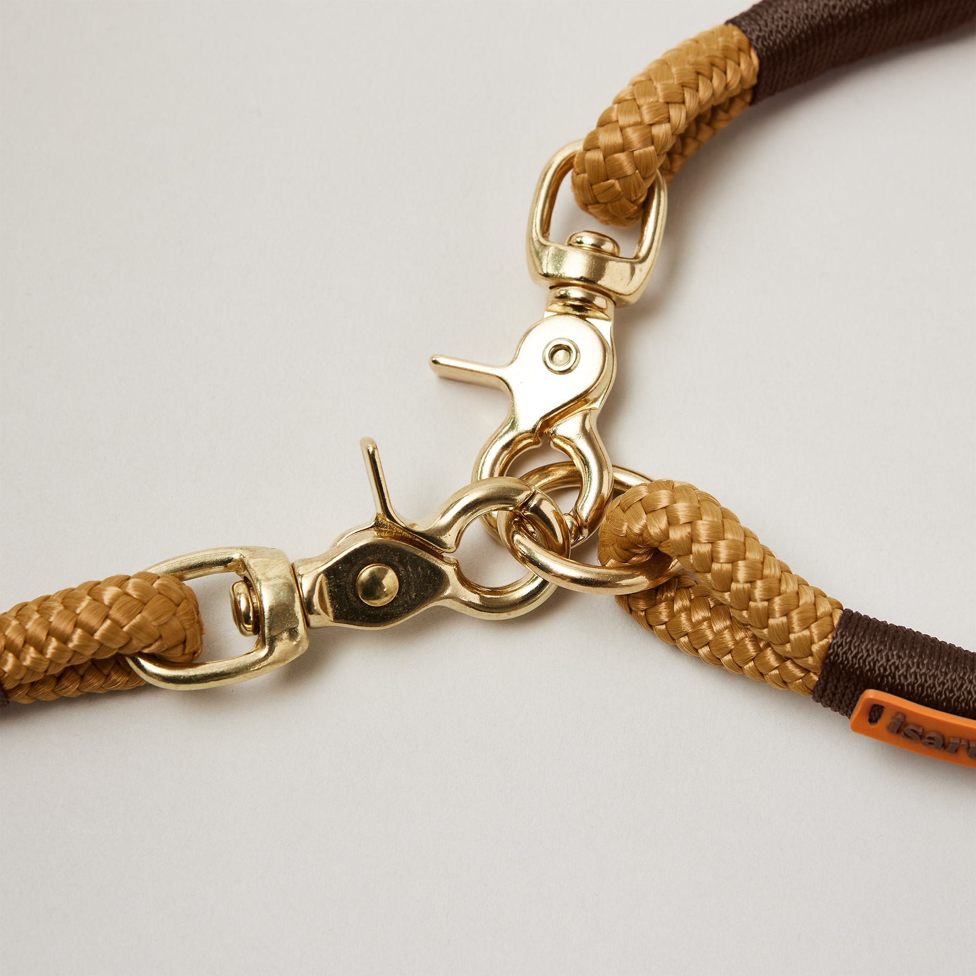 Verschluss Ring und Scherenkarabiner am Tauset Sweet Toffee Dunkelbraun bestehend aus Fester Halsung und Tauleine