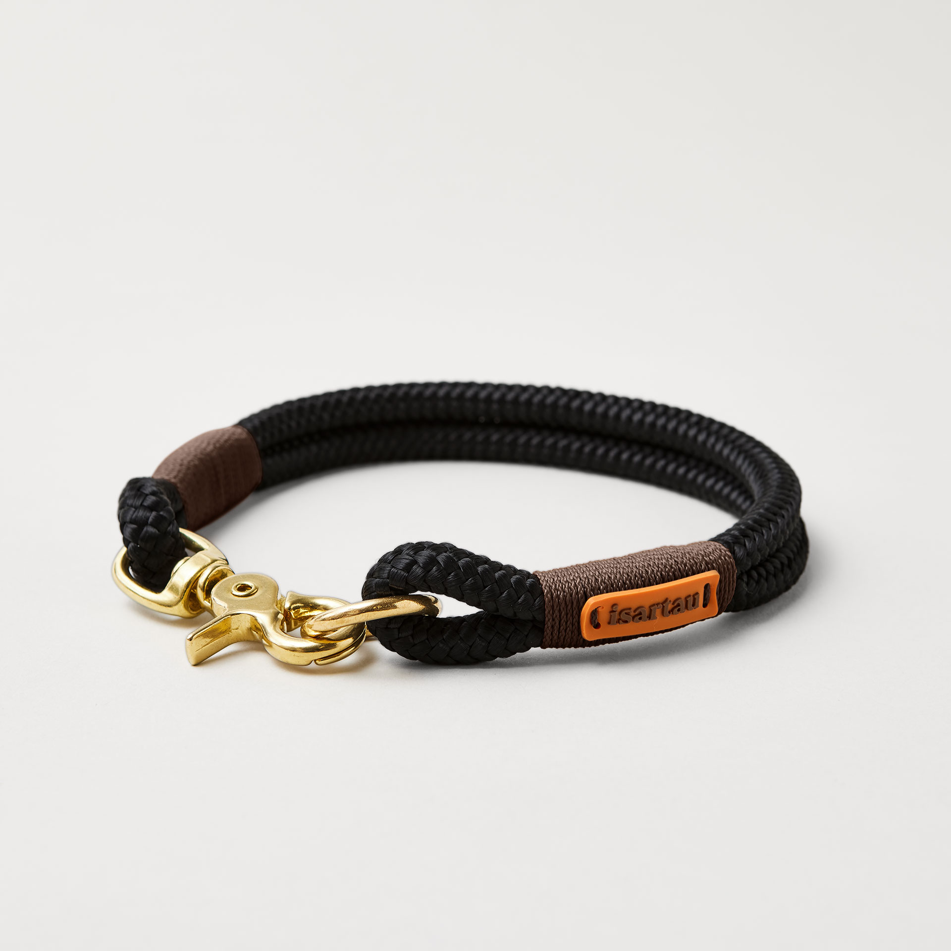 Hundehalsband aus Tau Black Mamba Dunkelbraun 10 mm mit Messing-Beschlägen, schwarzes Tau mit dunkelbrauner Takelung