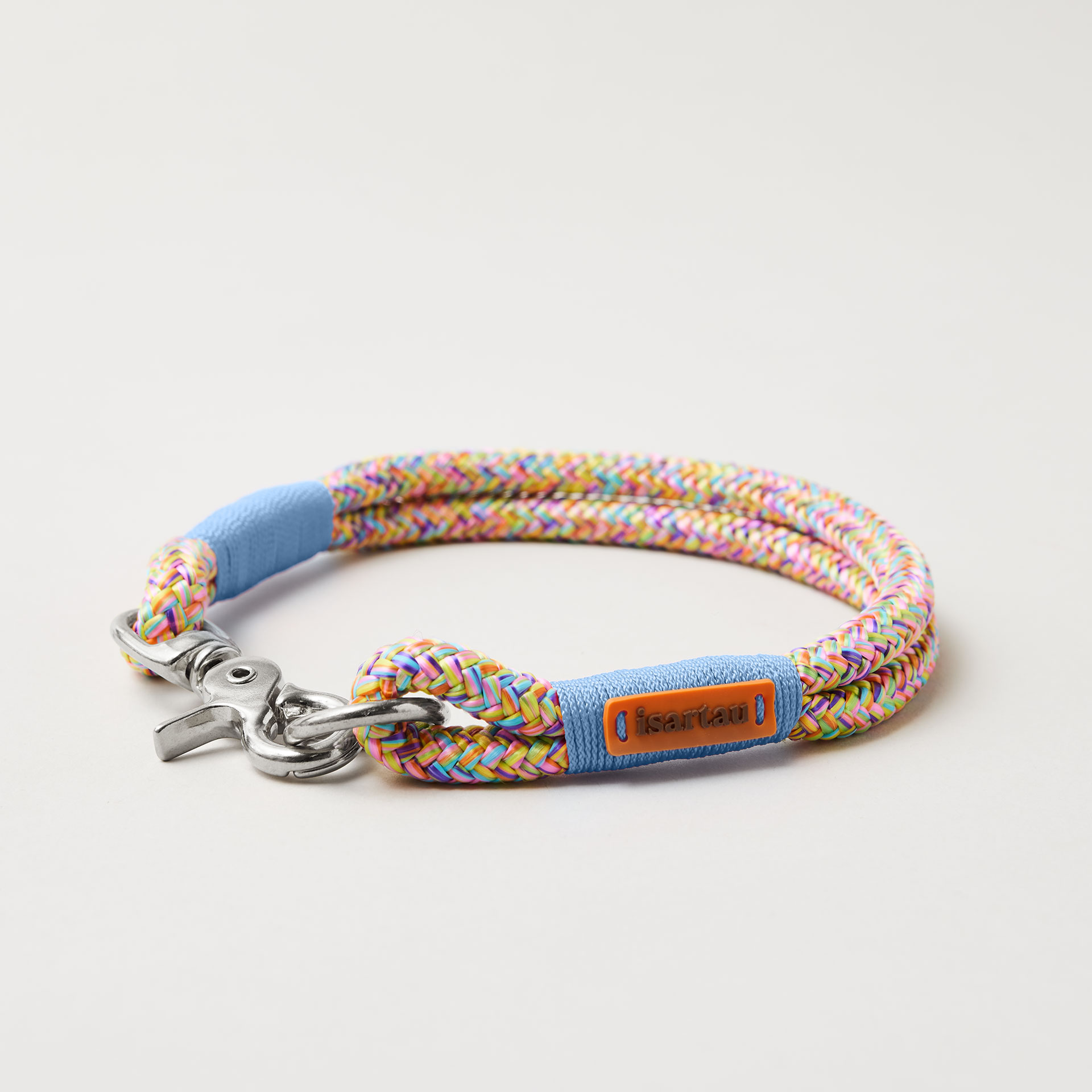Hundehalsband aus Tau Easy Summer Hellblau 10 mm mit silbernen Beschlägen, buntes Tau mit hellblauer Takelung