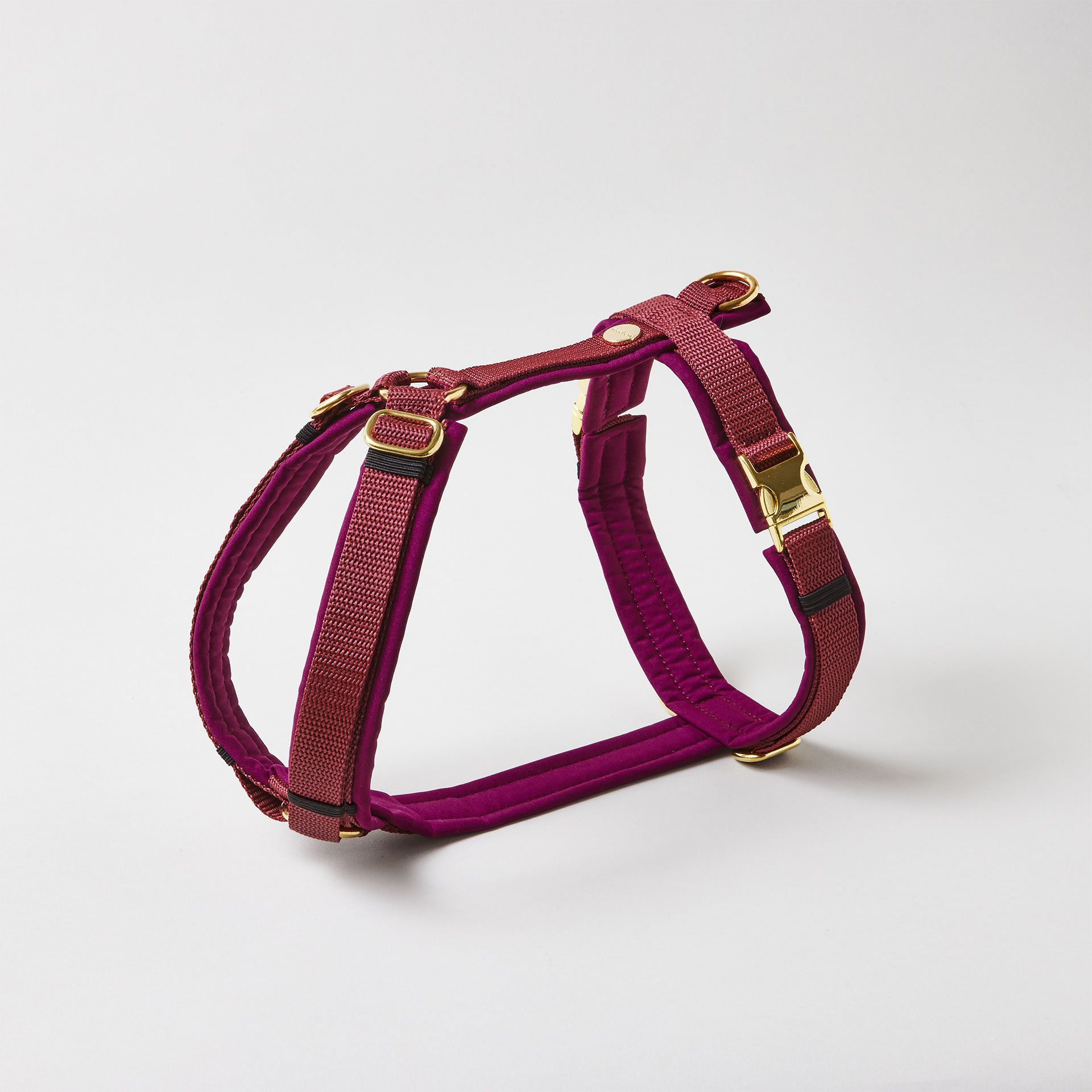 Verstellbares Hundegeschirr in Burgunder mit vollunterlegter Polsterung und goldfarbenen Beschlägen