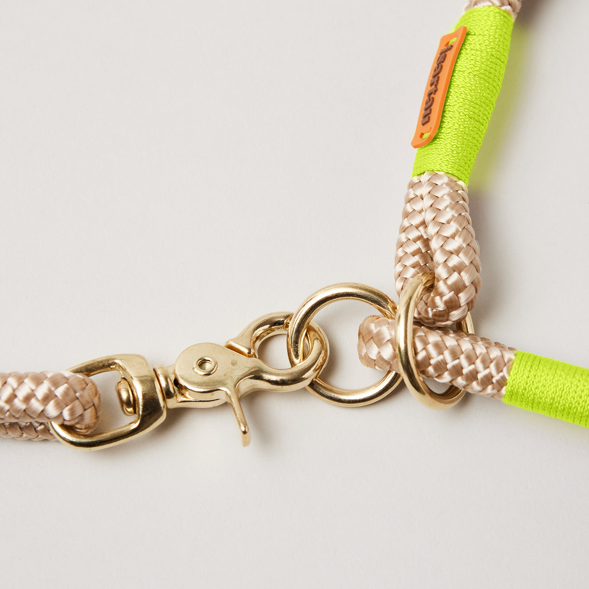 Detail Tauhalsband und Tauleine in der Farbe Wood Owl Neongelb mit Messing-Beschlägen, Beige und Neongelb