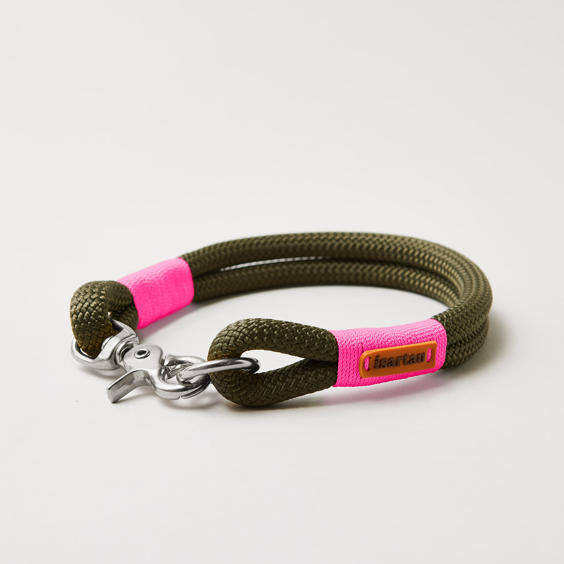 Tauhalsband Feste Halsung Olive Grove Neonpink, Kletterseil 10 mm, silberne Scherenkarabiner