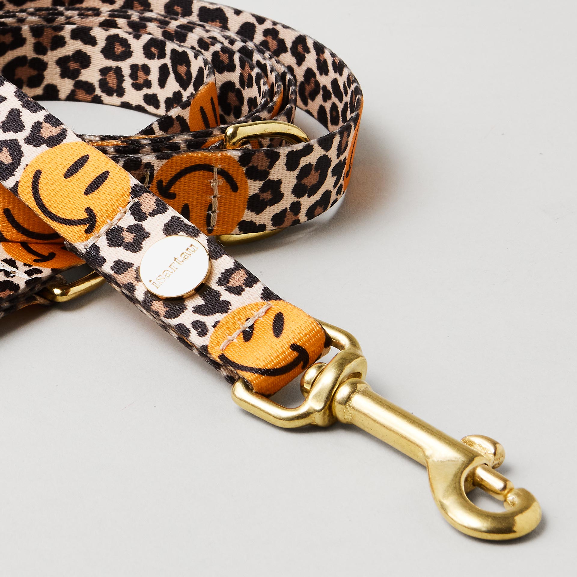Detail schmale Hundeleine Leo Smile Gurtband mit Leo-Smile-Print in 15mm Breite goldfarbene Mini-Karabiner