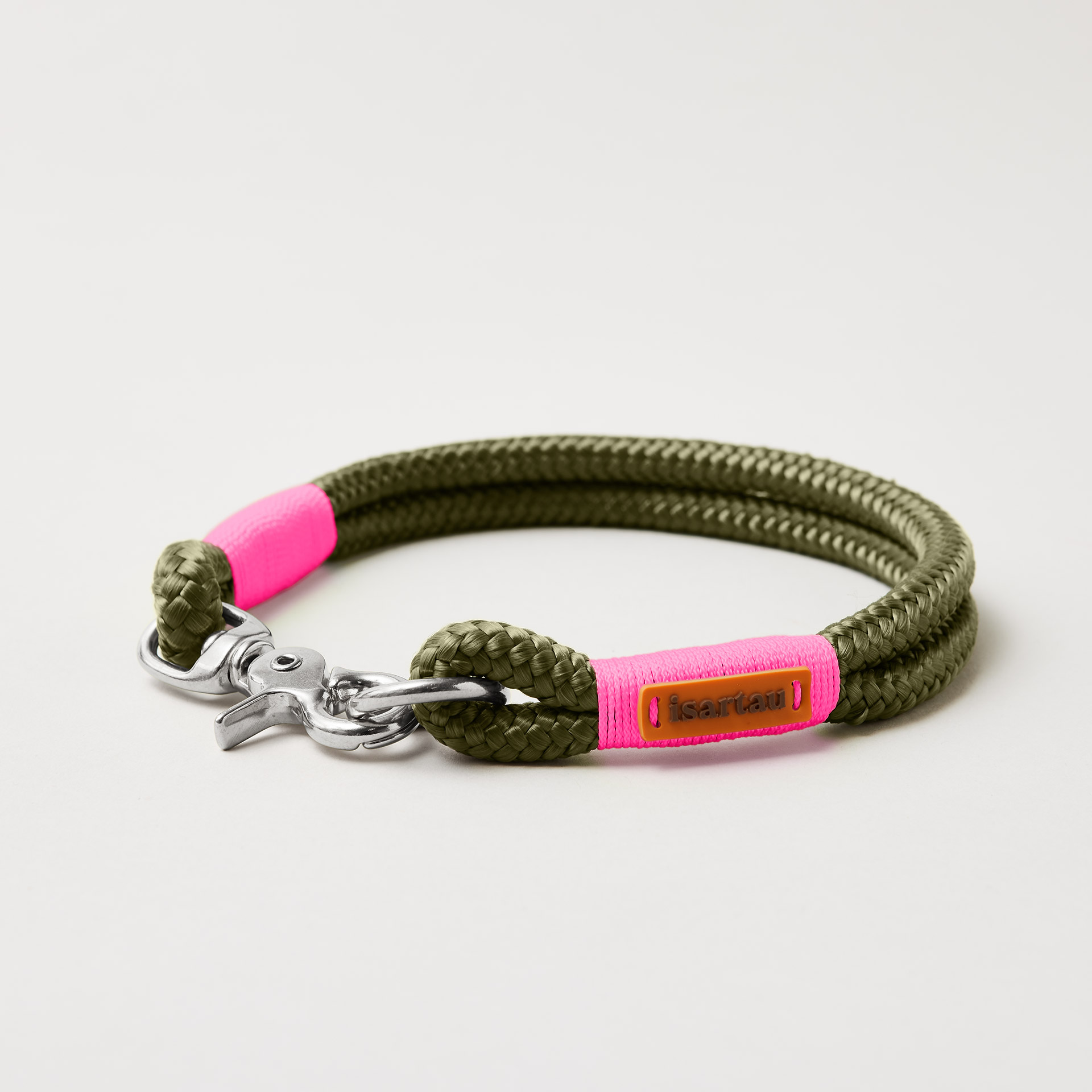 Tauhalsband Feste Halsung Olive Grove Neonpink, Softtau 10 mm, silberfarben