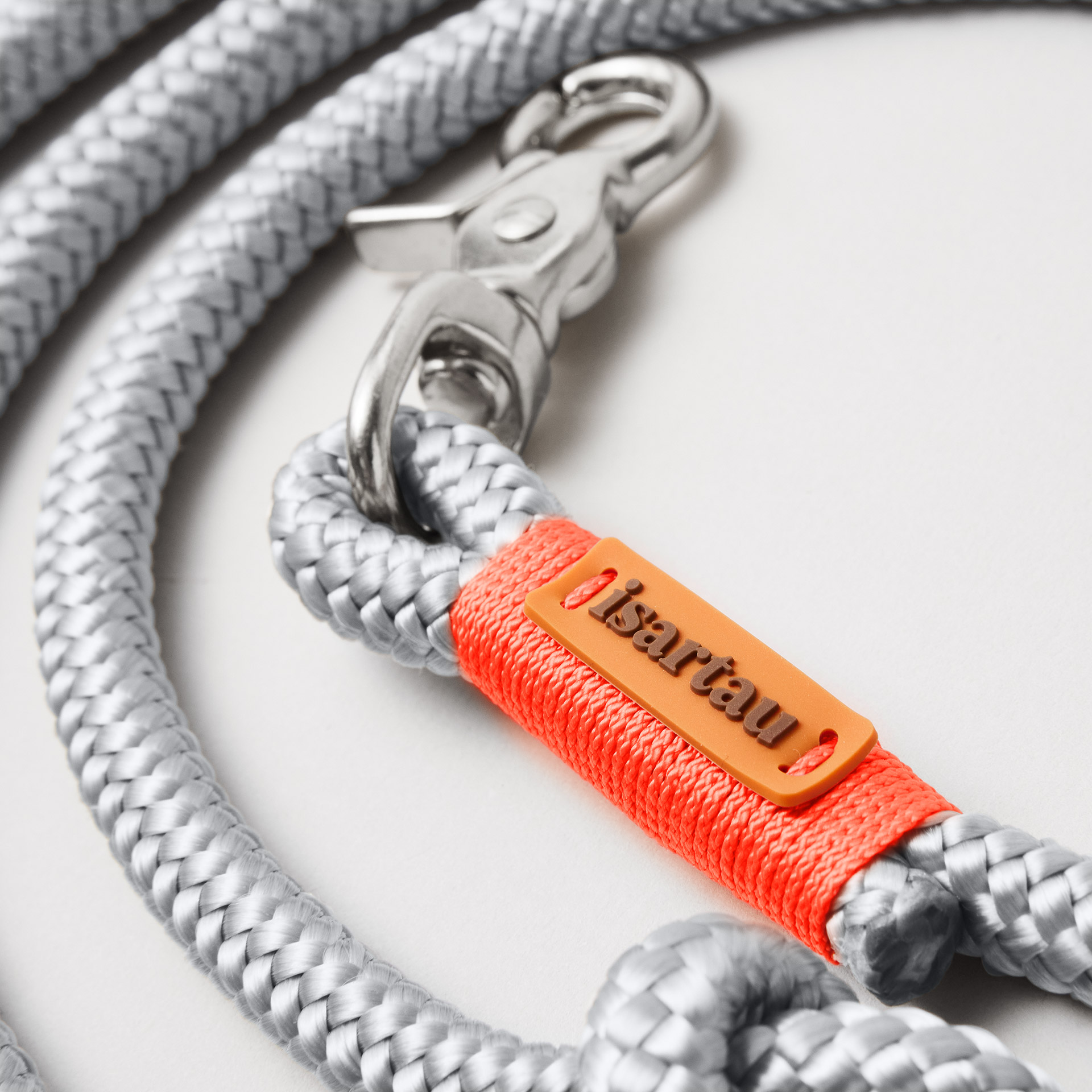 Detail Hundeleine Pebble Stone Neonorange, hellgraues Tau mit neonoranger Takelung