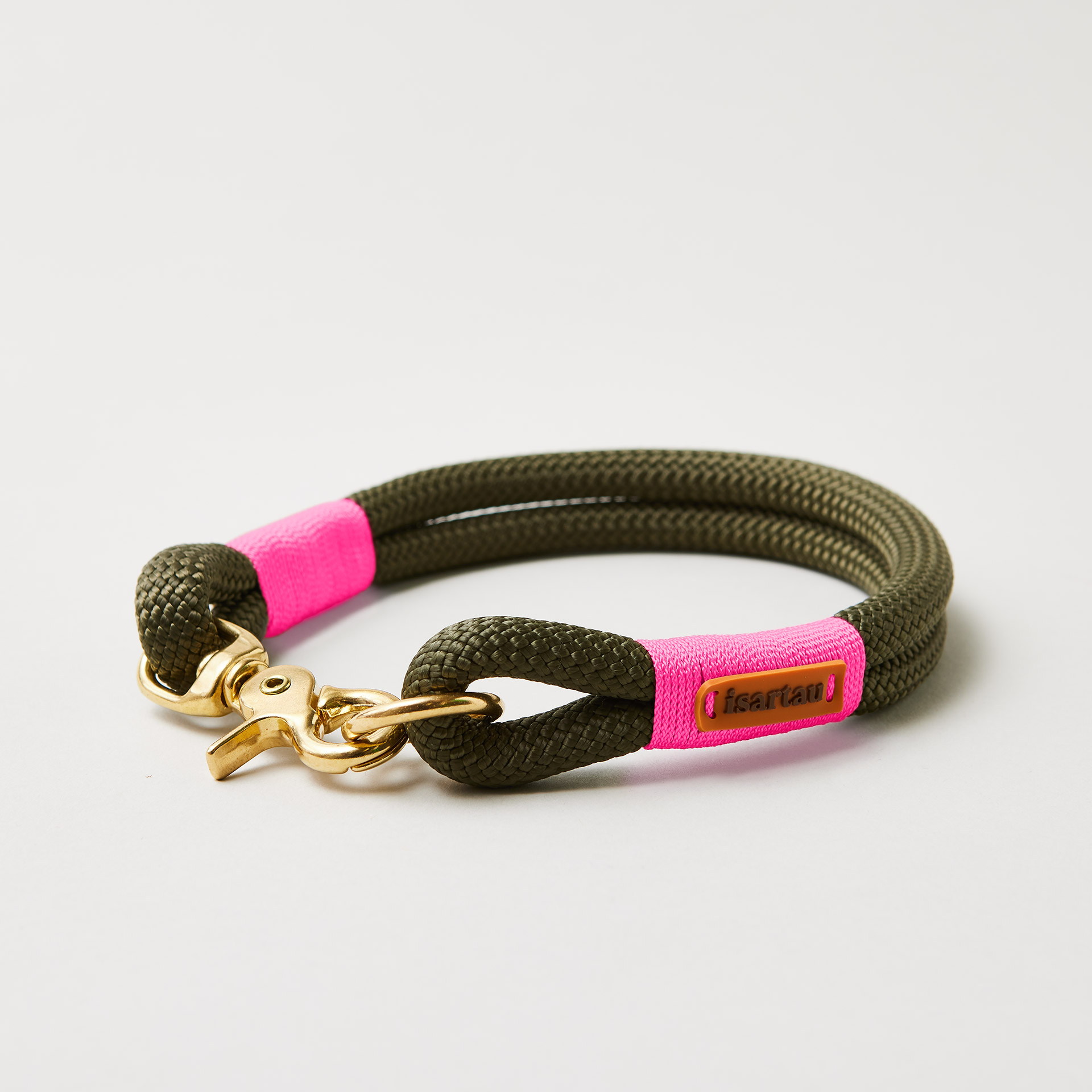 Tauhalsband Feste Halsung Olive Grove Neonpink, Kletterseil 10 mm, Messingscherenkarabiner