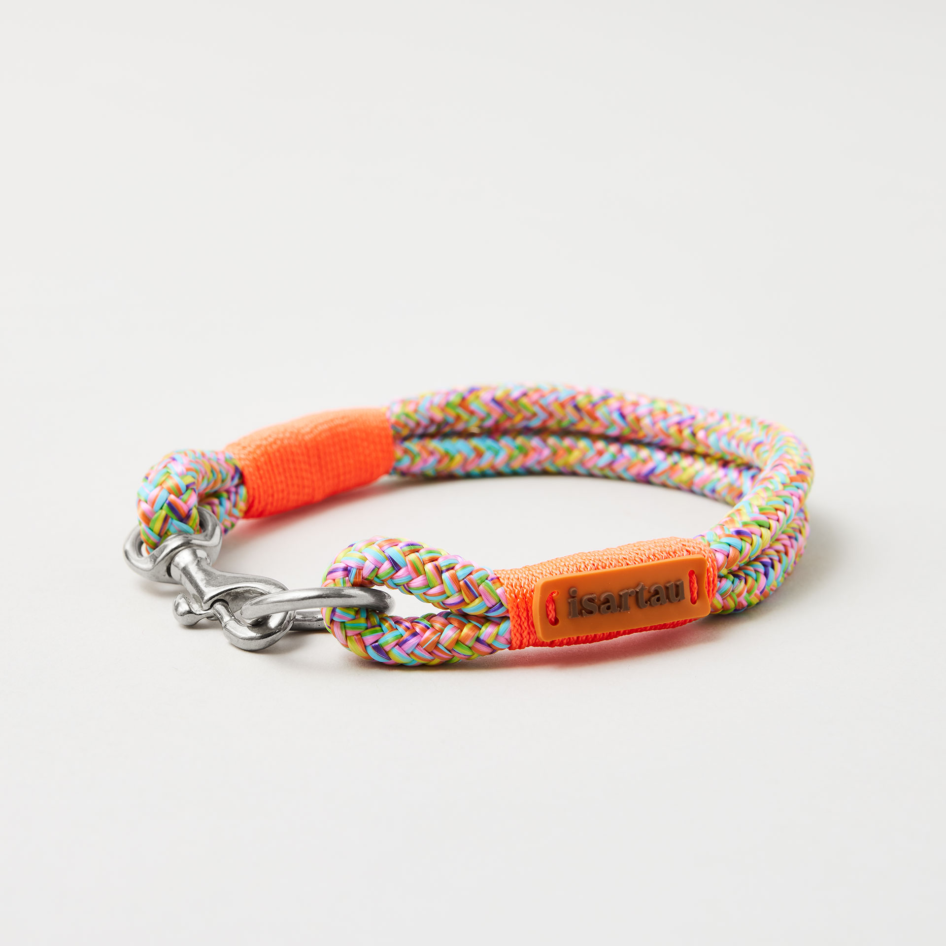 Tauhalsband Feste Halsung Easy Summer Neonorange 8 mm, silberfarbene Beschläge, buntes Tau mit neonoranger Takelung