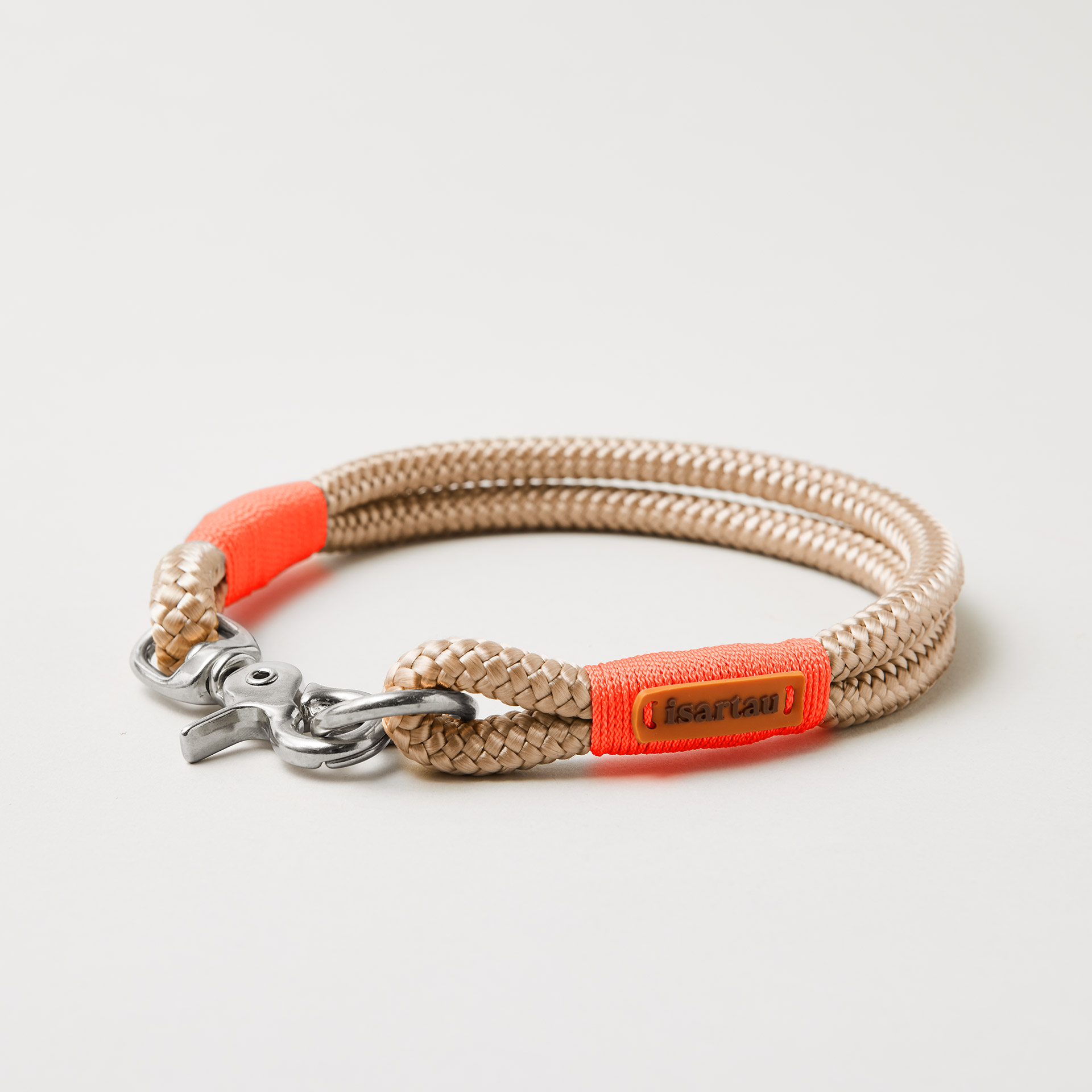 Tauhalsband Feste Halsung Wood Owl Neonorange, 10 mm mit silberfarbenen Beschlägen, beiges Tau mit neonoranger Takelung