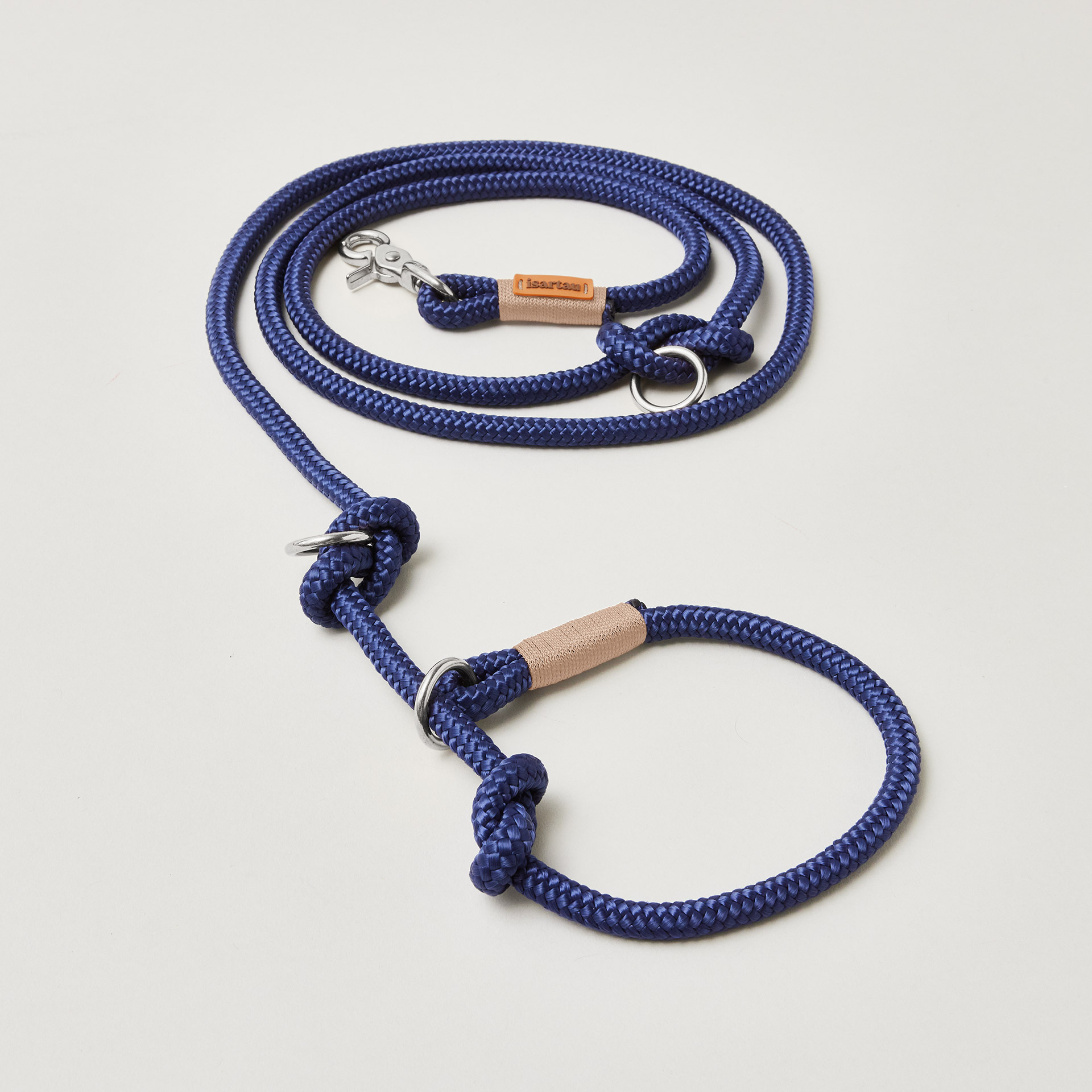 Tau Retrieverleine in Dunkelblau, Farbkombination Indigo Sea Beige, Halsung mit integrierter Leine, silberne Karabiner, 2-fach längenverstellbar, erhältlich in 8 und 10 mm