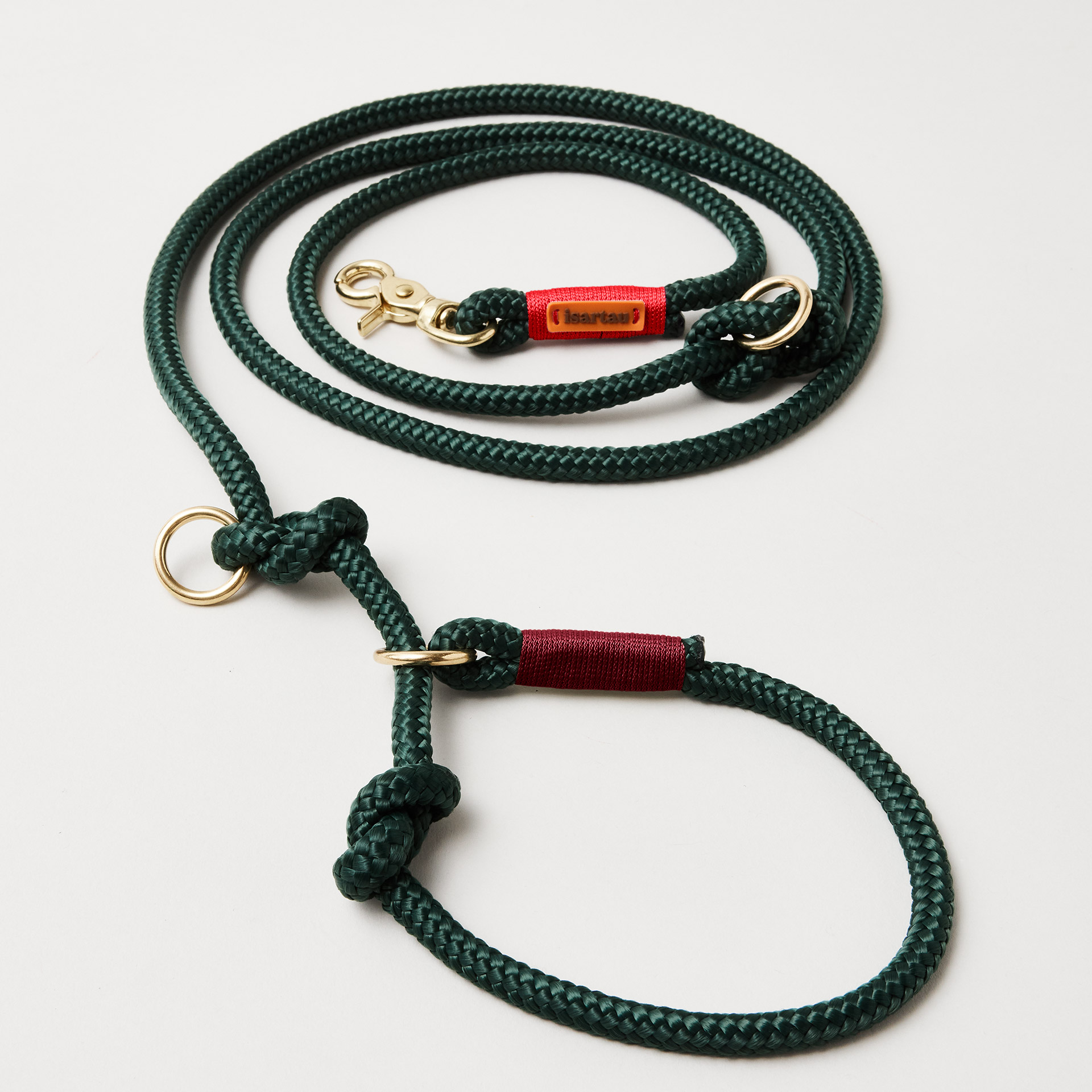 Retrieverleine aus Tau Evergreen Rot Burgunder, Halsung mit integrierter Leine, goldene Messingkarabiner, 2-fach längenverstellbar, erhältlich in 8 und 10 mm