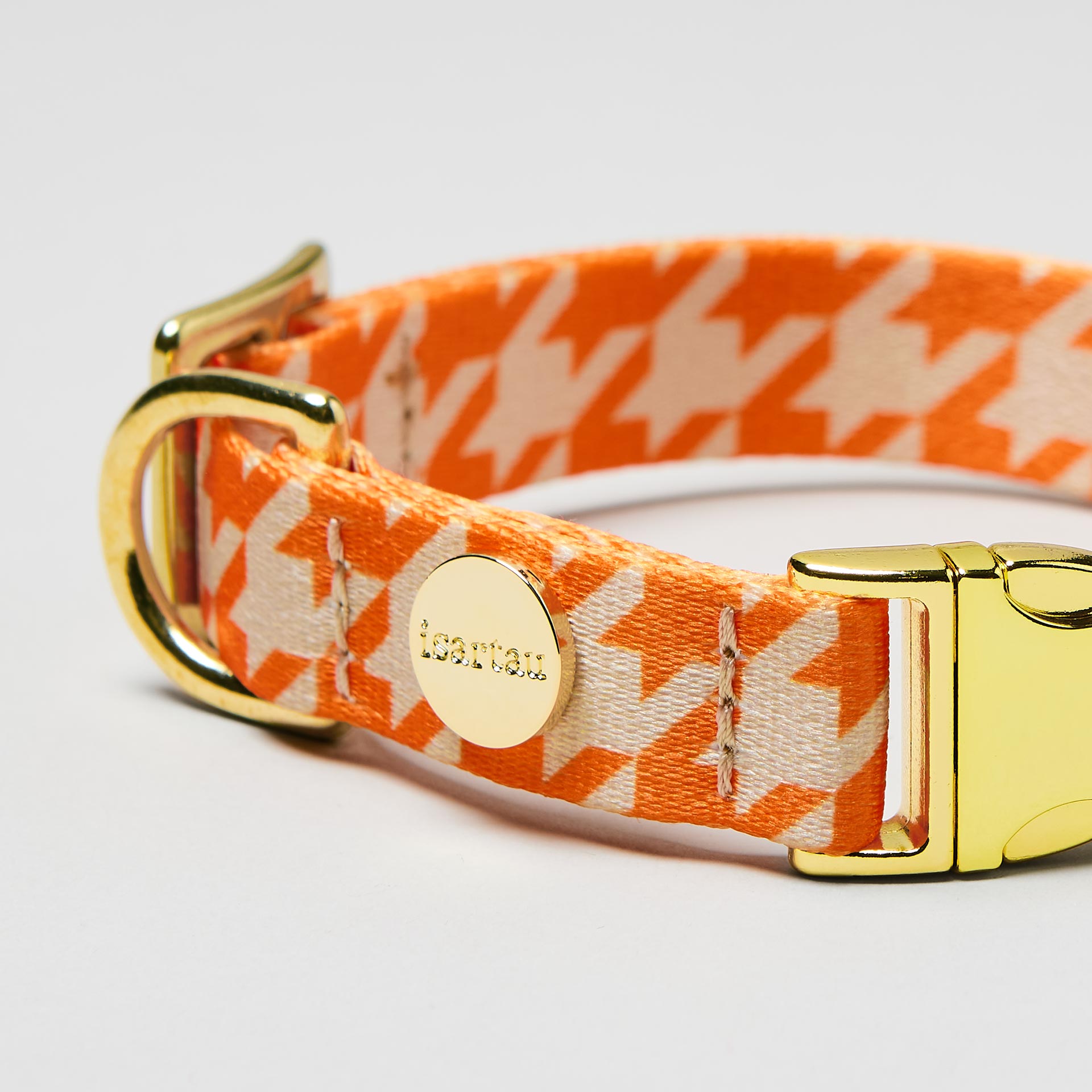 Nahaufnahme verstellbares Welpen Halsband Wandler mit Gurtband im Hahnentritt Stil, goldfarbene Schließe