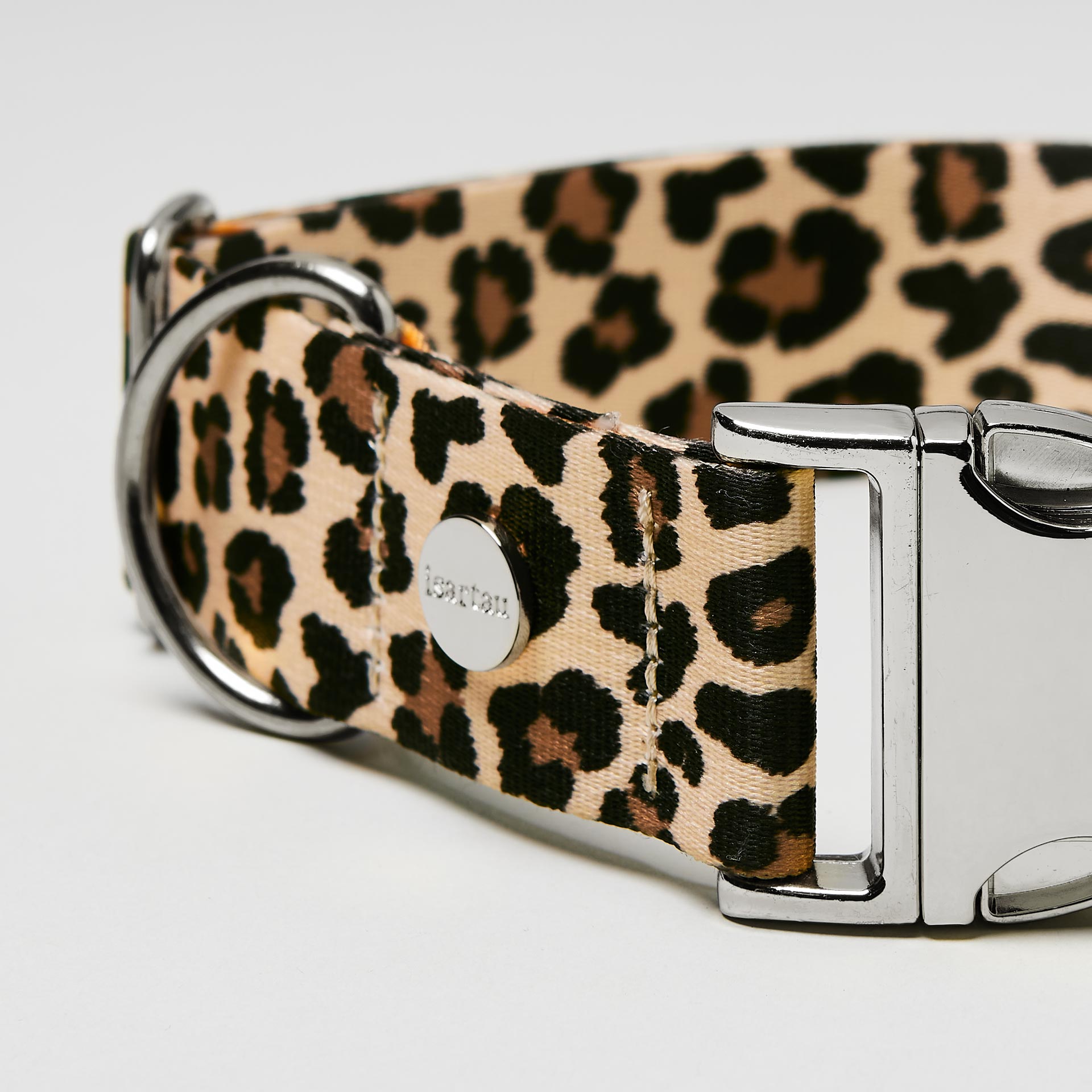Nahaufnahme verstellbares Halsband Leo silberfarben, Gurtband mit Leoprint