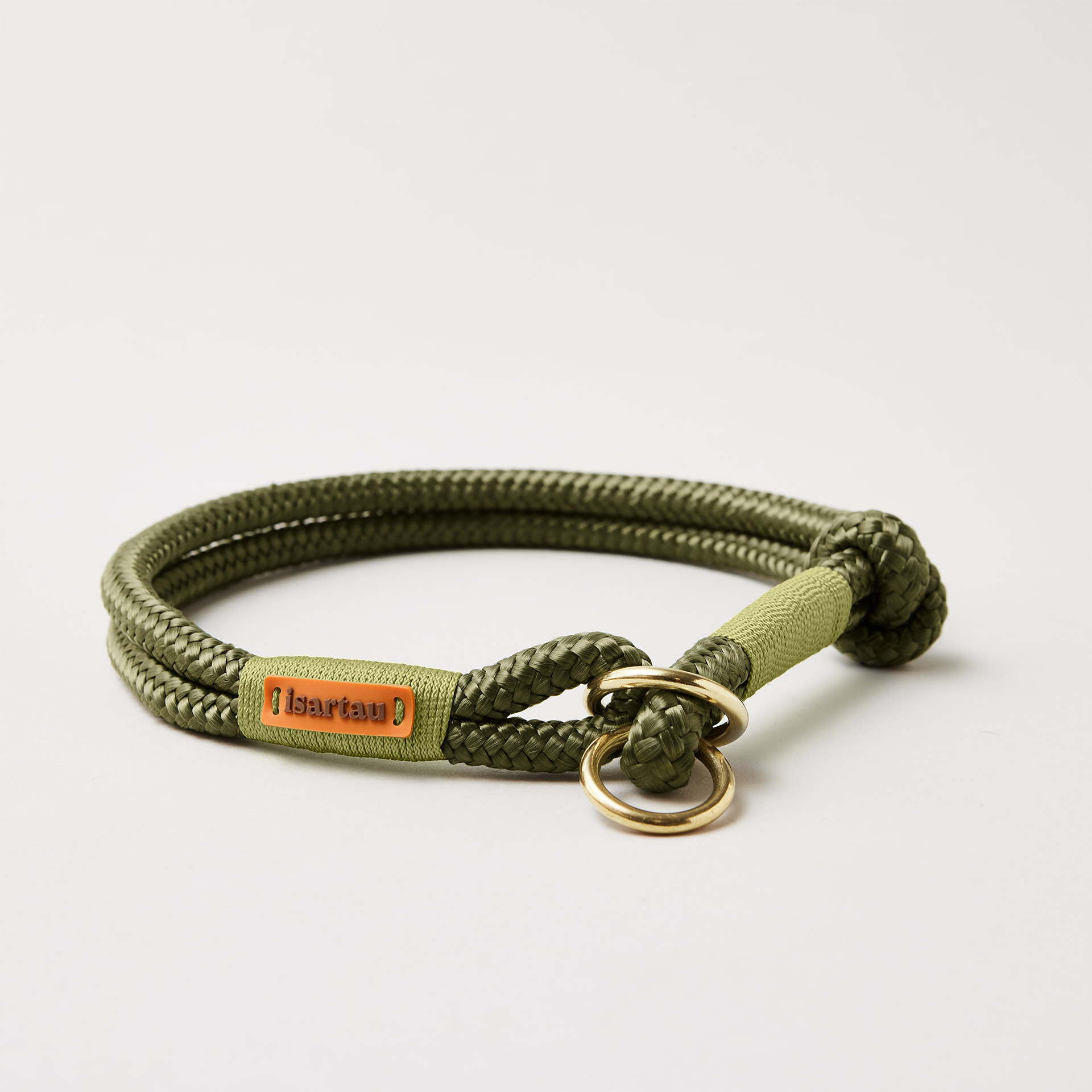 Tauhalsband Zugstopp Olive Grove Moos 8 und 10 mm mit Messing-Beschlägen, olivfarbenes Softtau mit moosgrüner Takelung