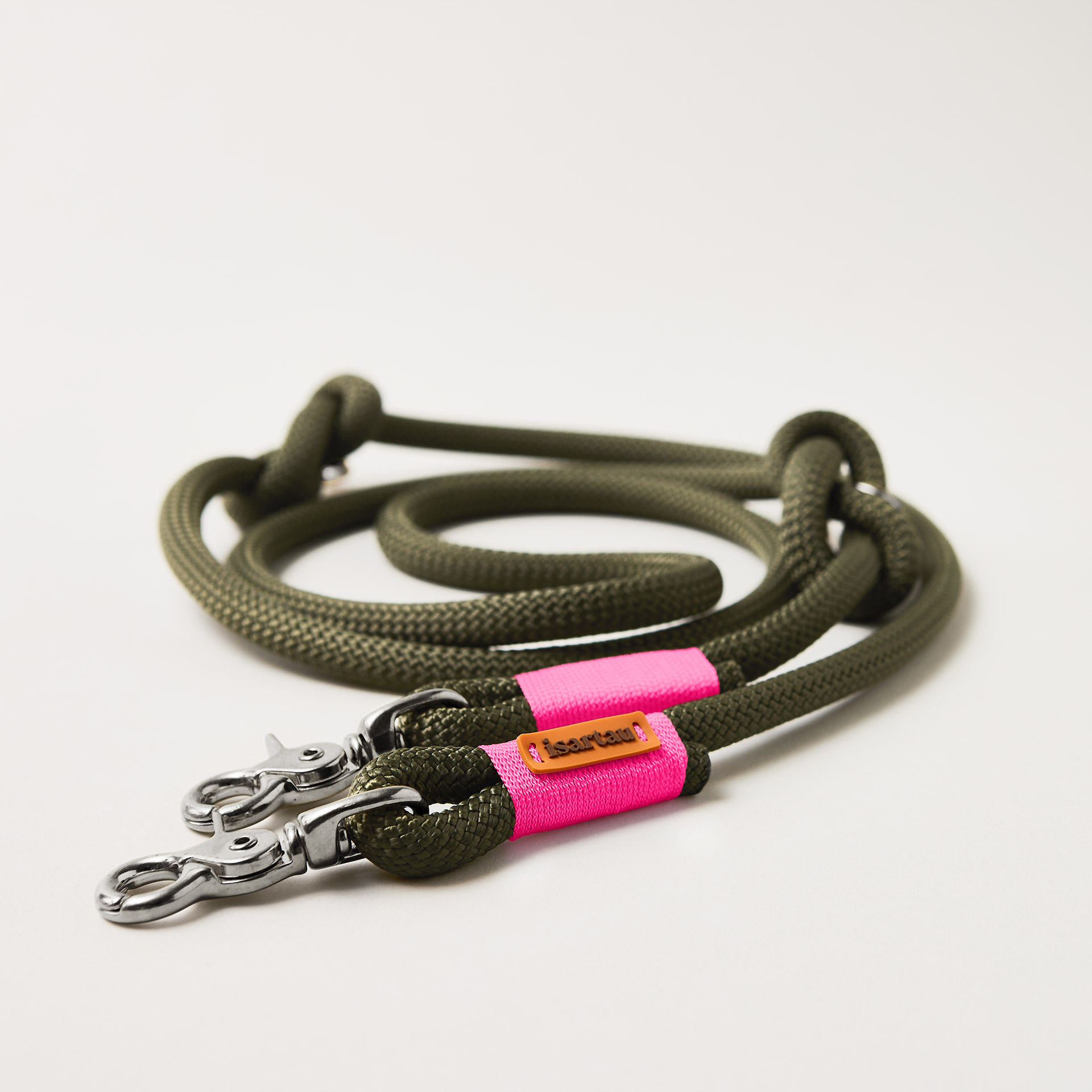 Hundeleine Olive Grove Neonpink 10 mm verstellbar mit silberfarbenen Scherenkarabinern, olivfarbenes Kletterseil mit neonpinker Takelung, Längenverstellbar