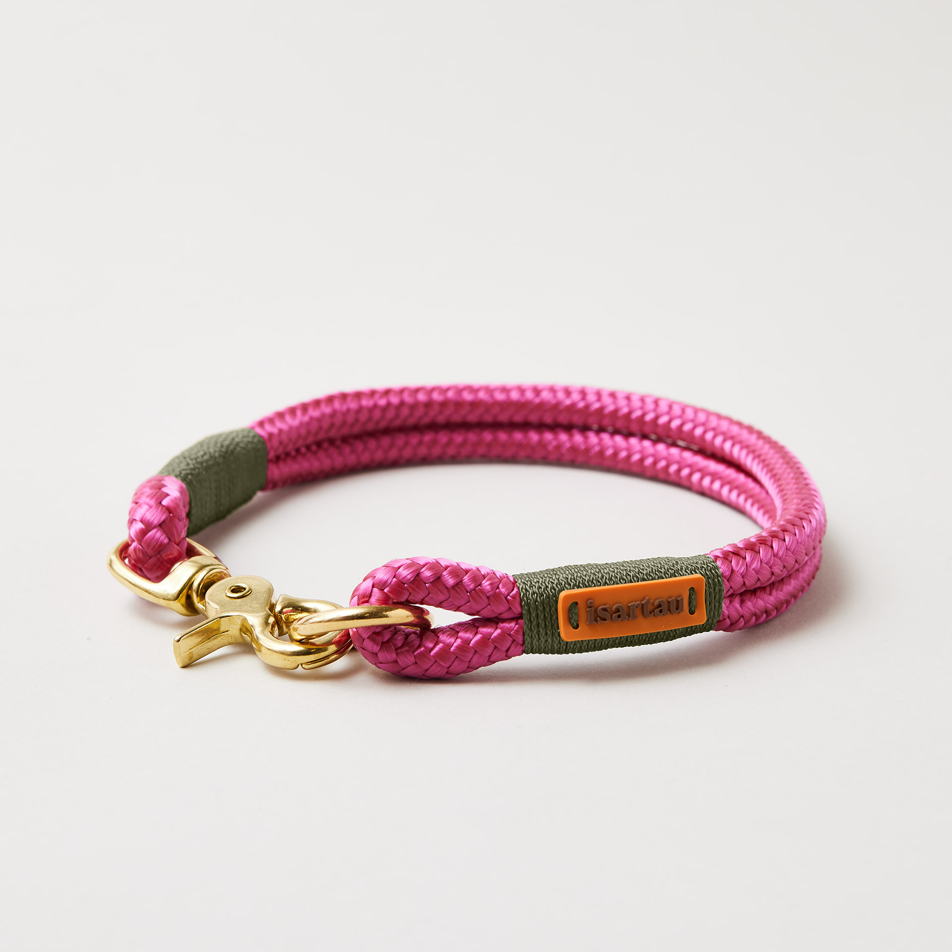 Hundehalsband Viva Magenta OLIV 10 mm mit Messing-Beschlägen, magentafarbenes Tau mit oliver Takelung