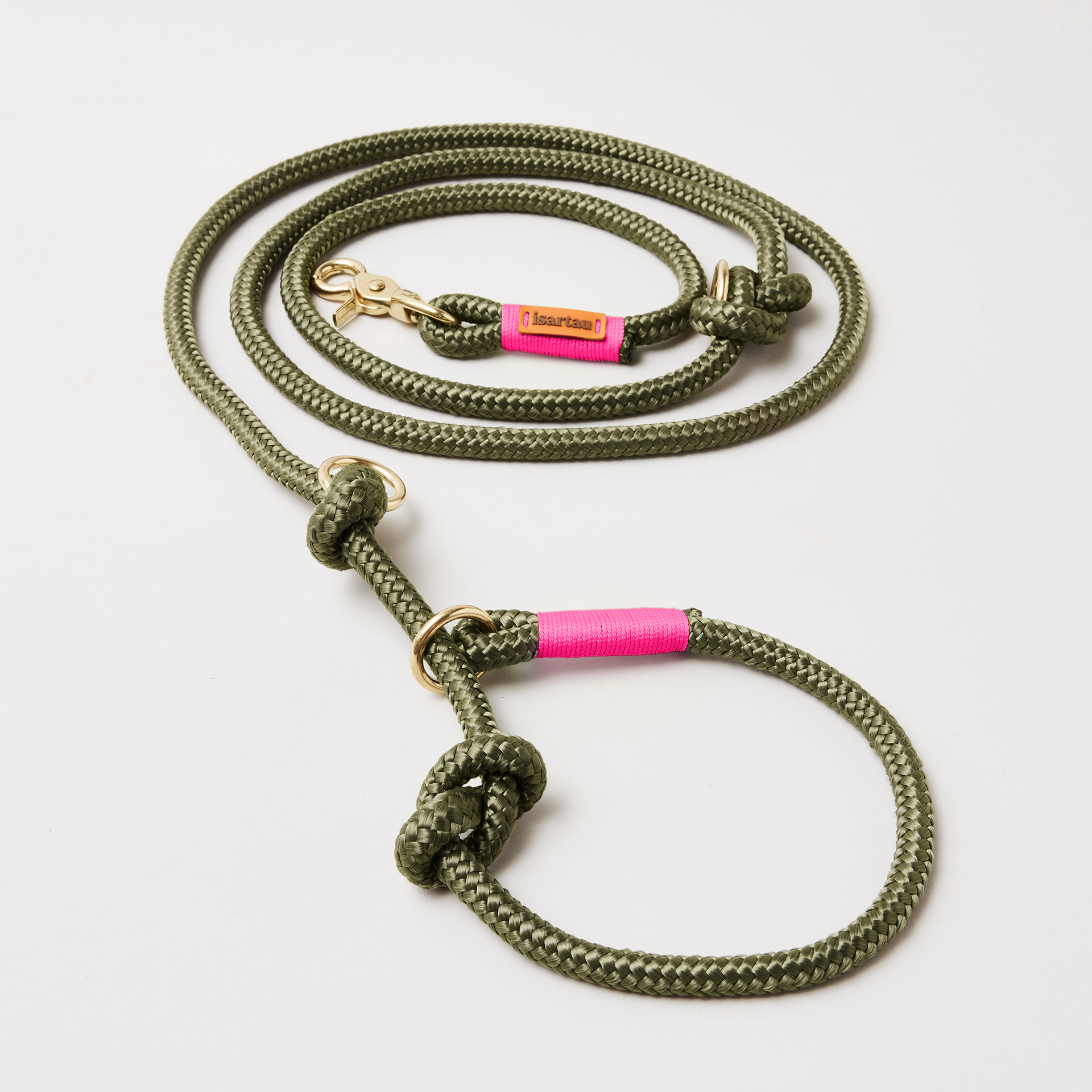 Retrieverleine aus Tau Olive Grove Neonpink, Halsung mit integrierter Leine, goldene Messingkarabiner, 2-fach längenverstellbar, erhältlich in 8 und 10 mm