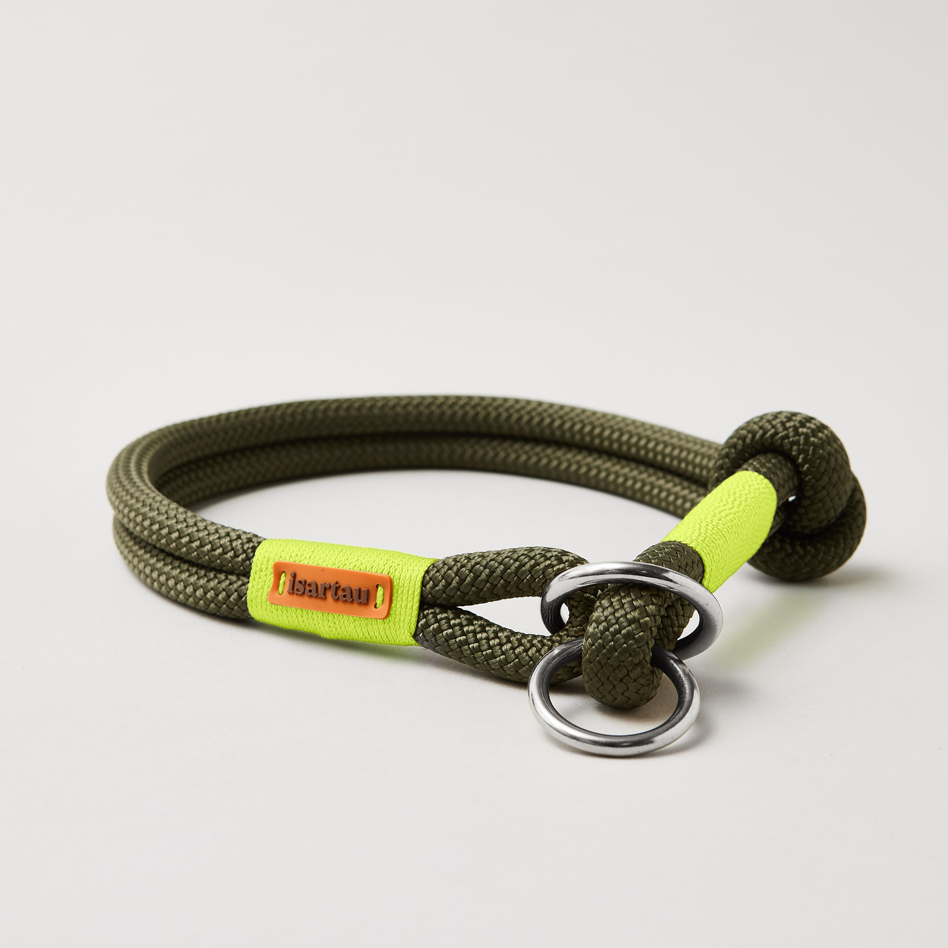 Tauhalsband Modell Zugstopp Olive Grove Neongelb, Kletterseil, silberfarben