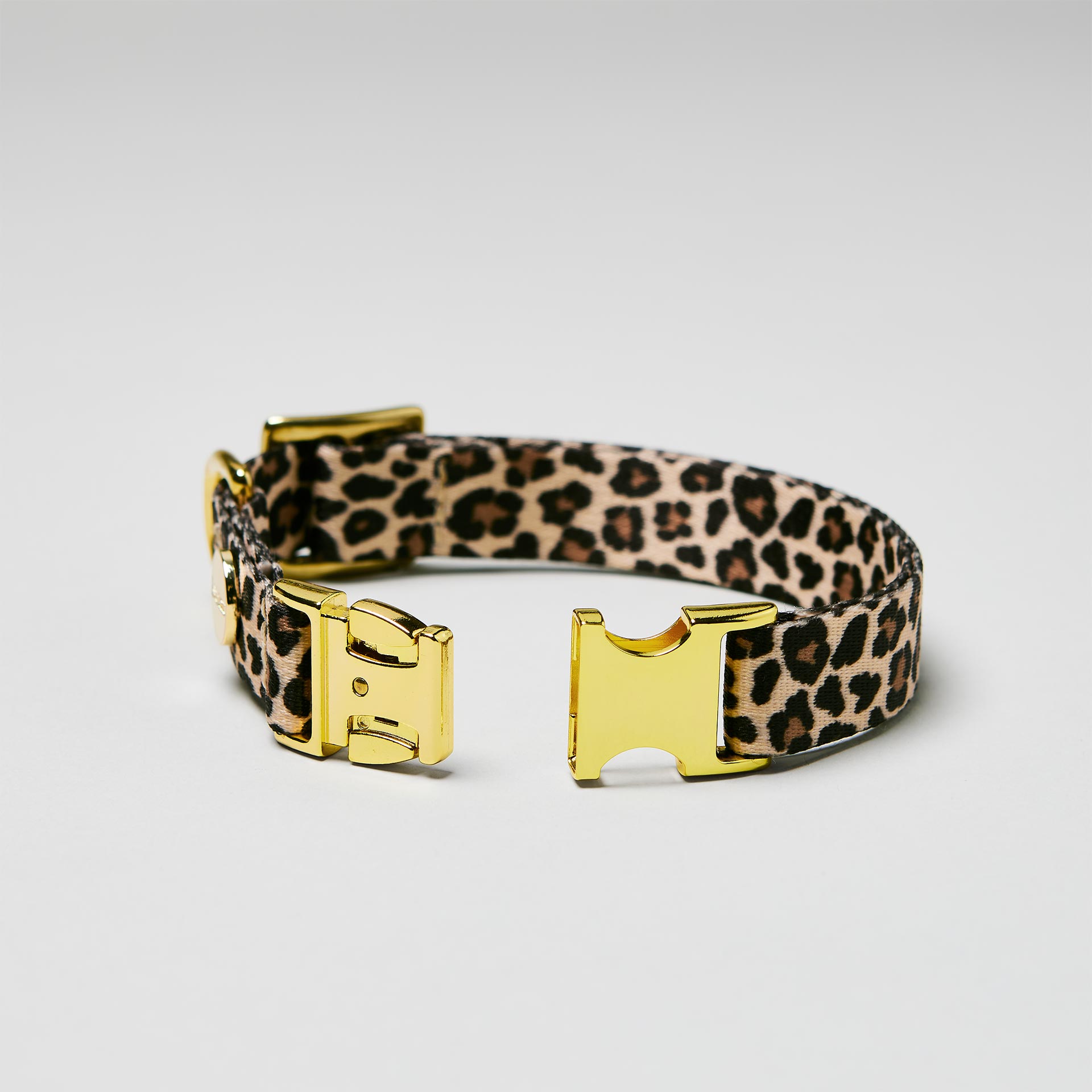 Detailaufnahme verstellbares Halsband Leo mit offener goldfarbener Steckschließe, Gurtband mit Leoprint