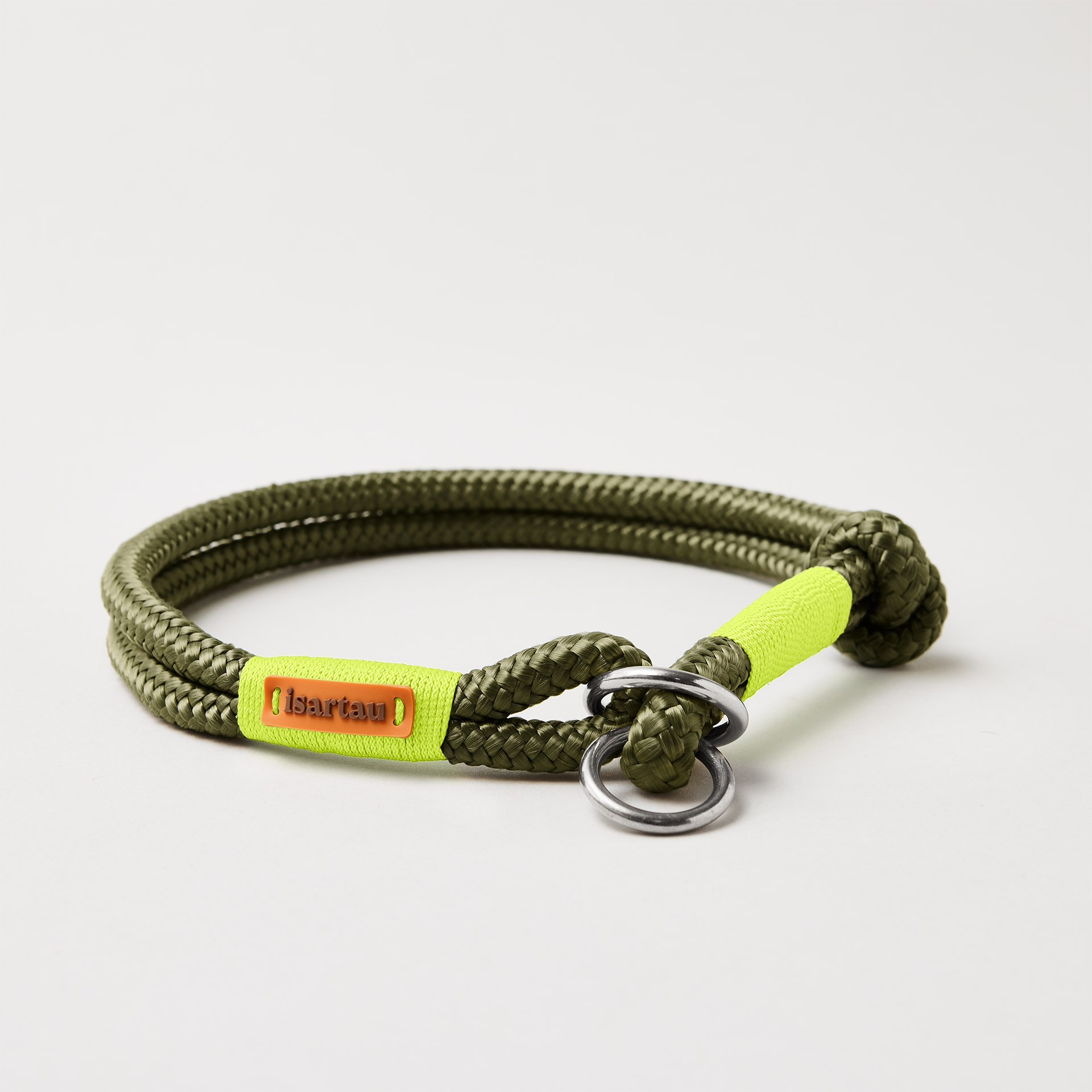 Tauhalsband Zugstopp Olive Grove Neongelb 8 und 10 mm mit silberfarbenen Beschläge, olivfarbenes Softtau mit neongelber Takelung