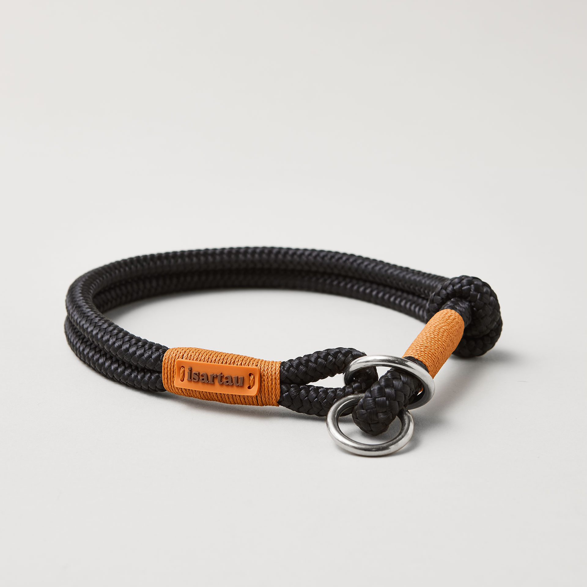 Tauhalsband Zugstopp Black Mamba Rost Orange 8 und 10 mm mit silberfarbenen Beschlägen, schwarzes Tau mit rost-oranger Takelung