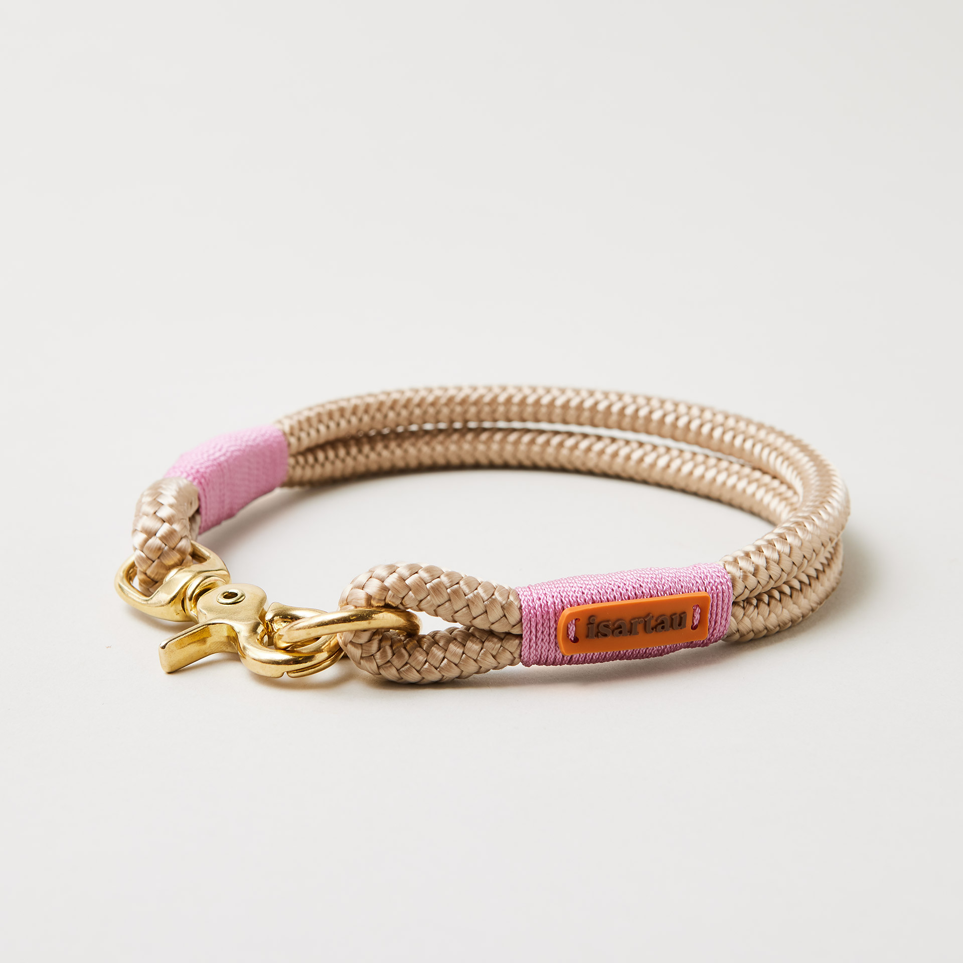 Hundehalsband Wood Owl Rose 10 mm mit Messing-Beschlägen, beiges Tau mit rosa Takelung