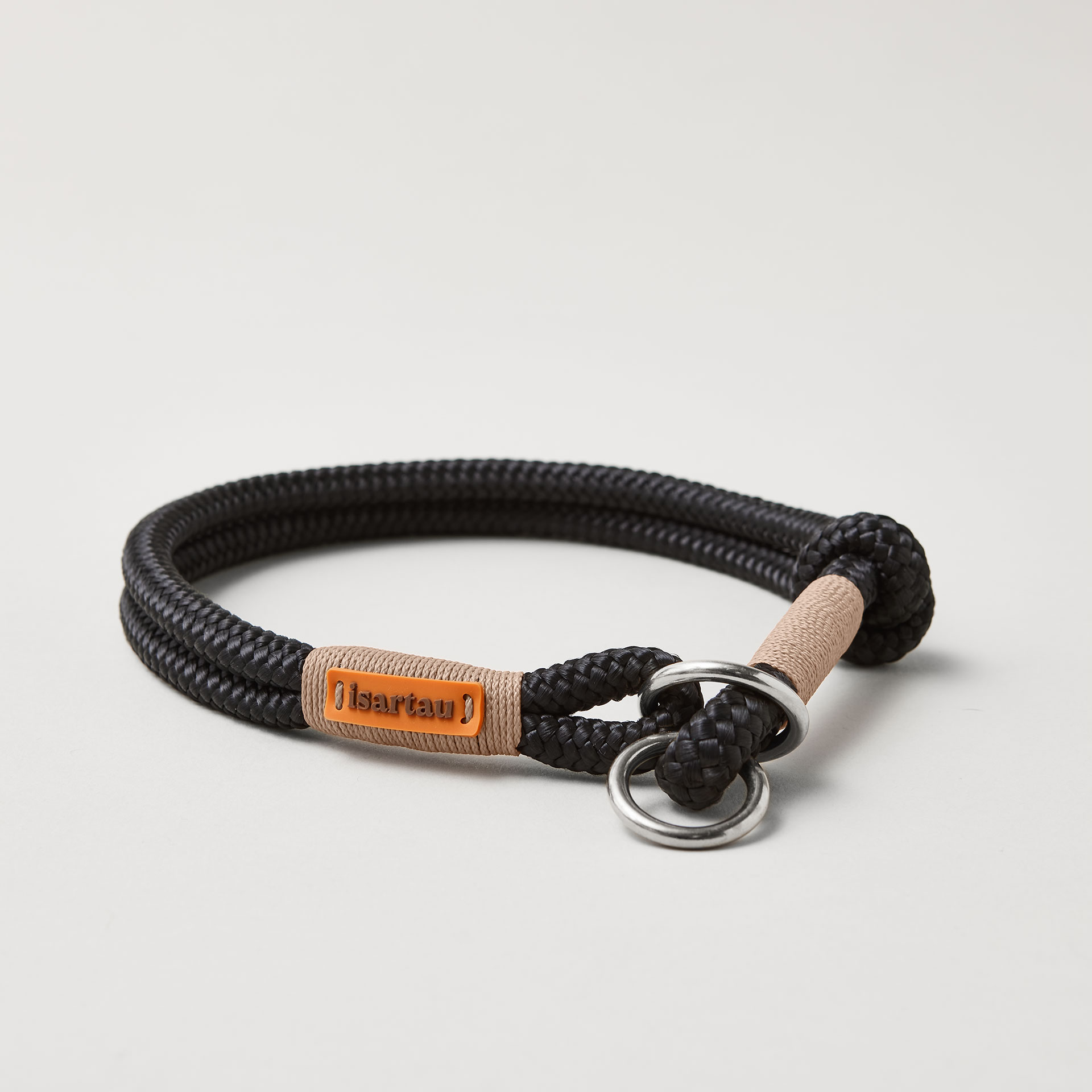 Tauhalsband Zugstopp Black Mamba Beige 8 oder 10 mm silberne Beschläge schwarzes Tau mit beiger Takelung