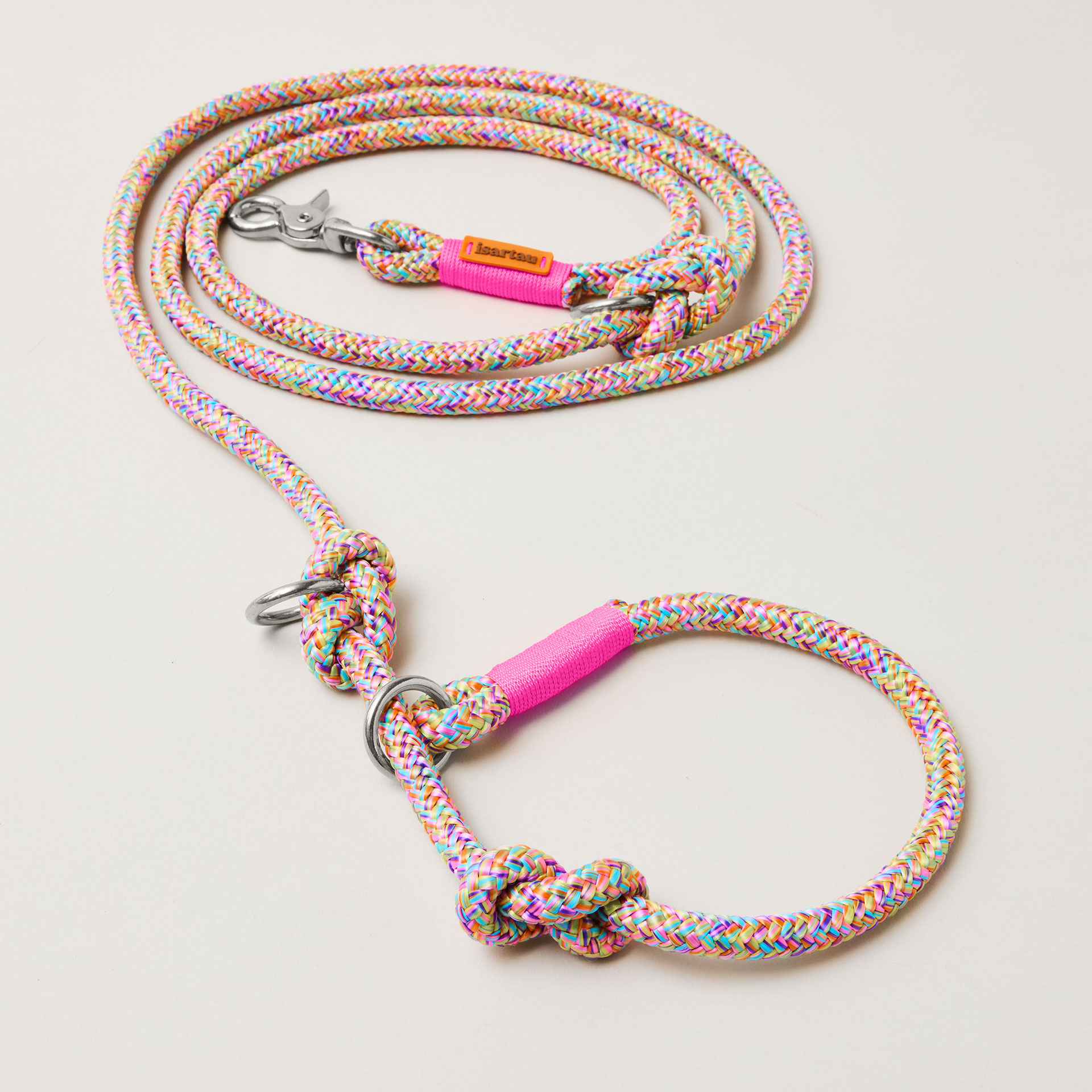 Retrieverleine aus Tau Easy Summer Neonpink, Halsung mit integrierter Leine, silberne Karabiner, 2-fach längenverstellbar, erhältlich in 8 und 10 mm