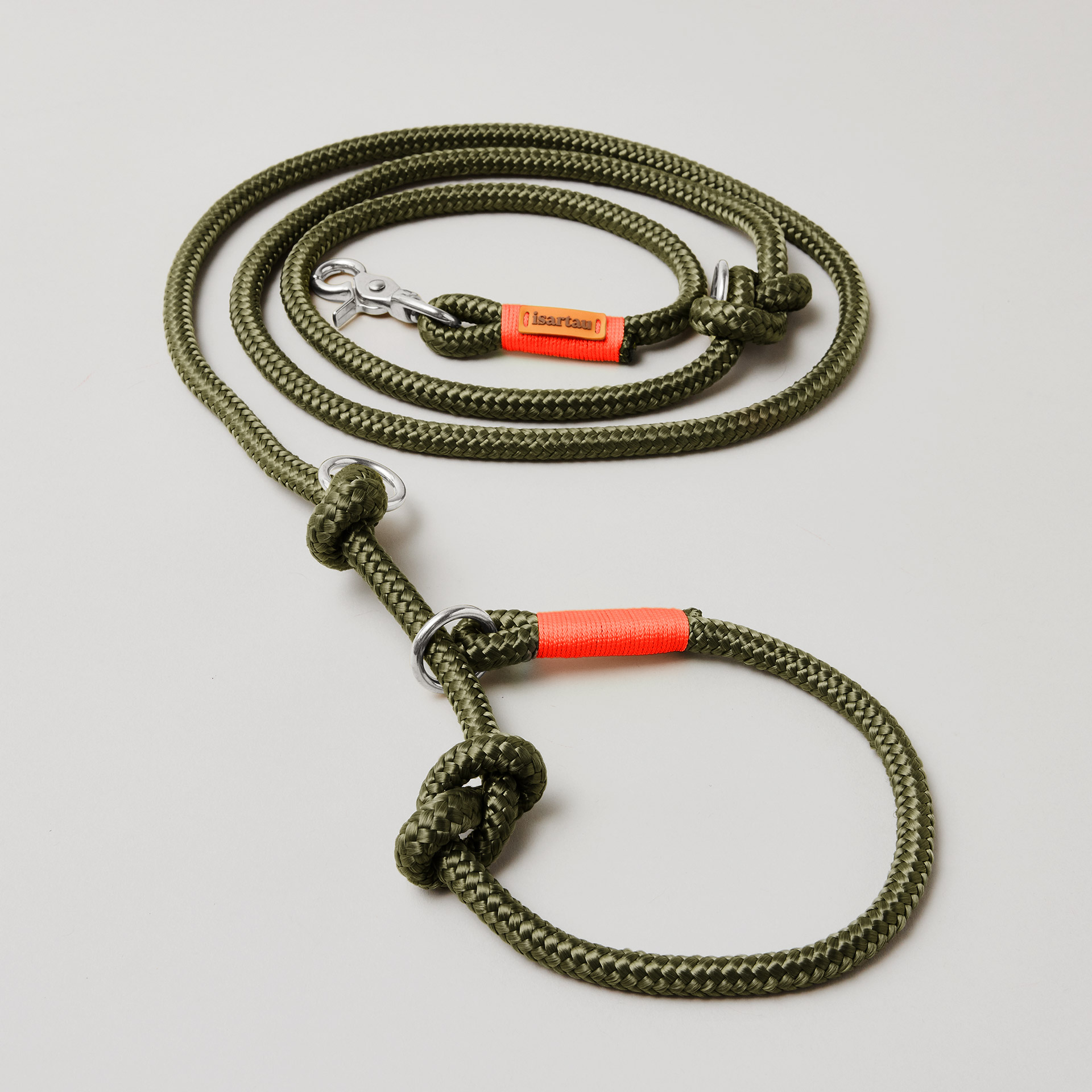 Retrieverleine aus Tau Olive Grove Neonorange, Halsung mit integrierter Leine, silberne Karabiner, 2-fach längenverstellbar, erhältlich in 8 und 10 mm
