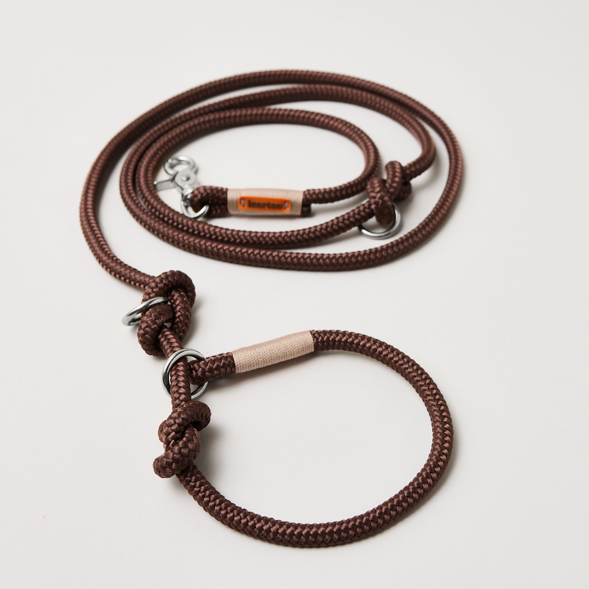 Retrieverleine aus Tau Classy Chestnut Beige, Halsung mit integrierter Leine, silberne Karabiner, 2-fach längenverstellbar, erhältlich in 8 und 10 mm