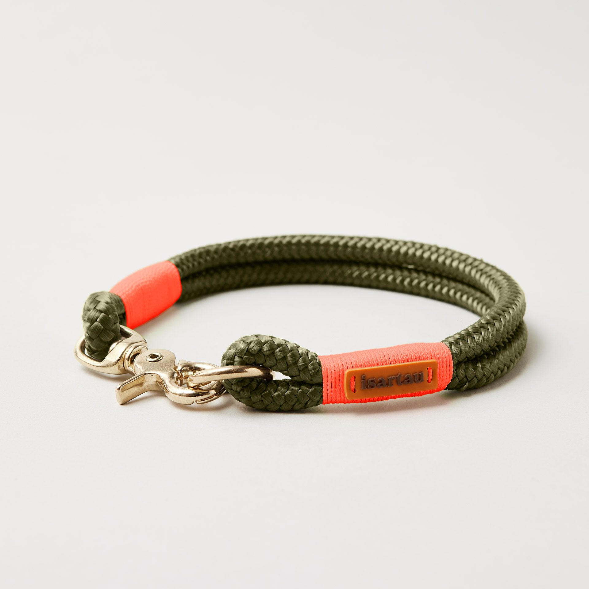 Tau Hundehalsband Olive Grove Neonorange 10 mm mit Messing-Beschlägen, olivfarbenes Softtau mit neonoranger Takelung