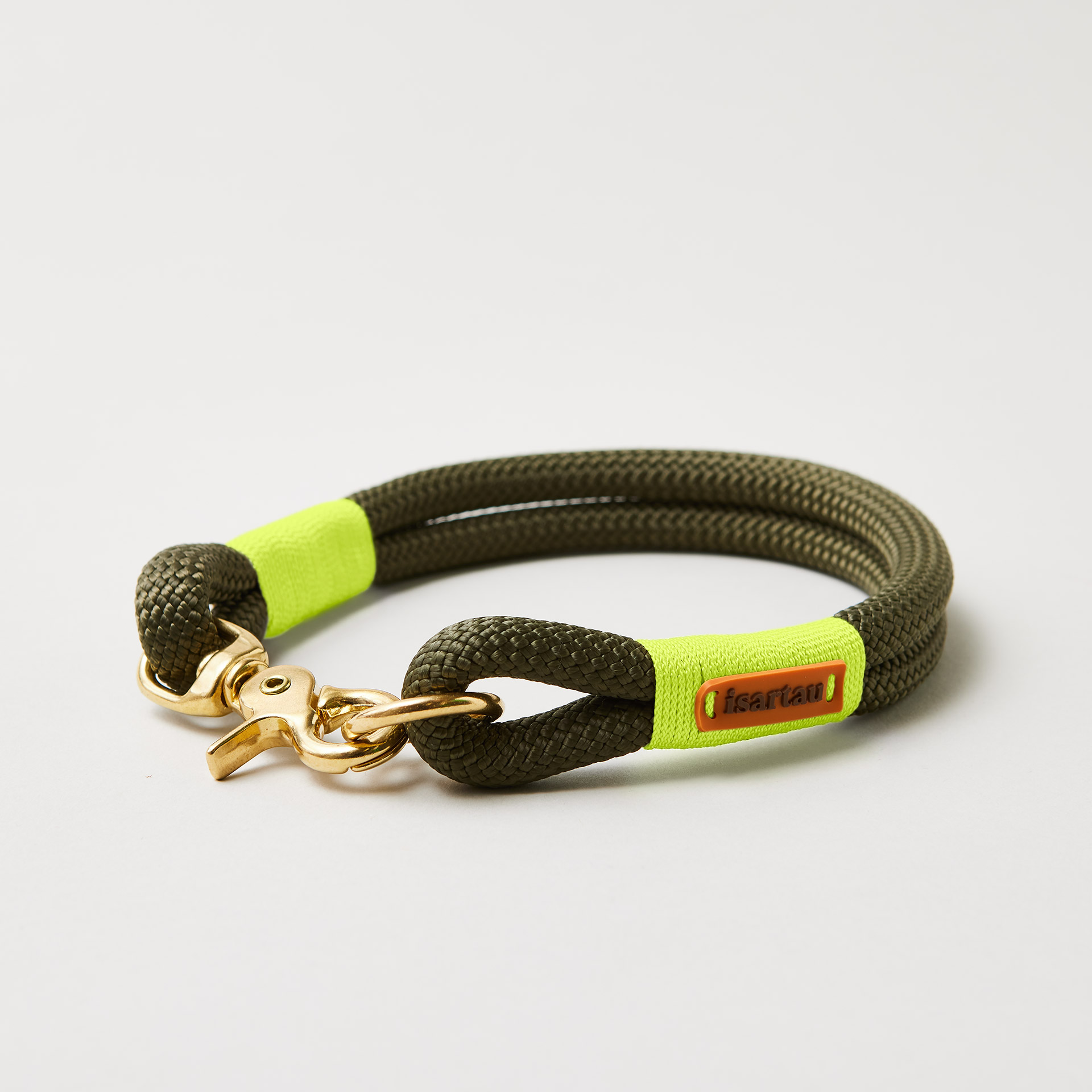 Hundehalsband Olive Grove Neongelb 10 mm mit Messing-Beschlägen, olivfarbenes Kletterseil mit neongelber Takelung