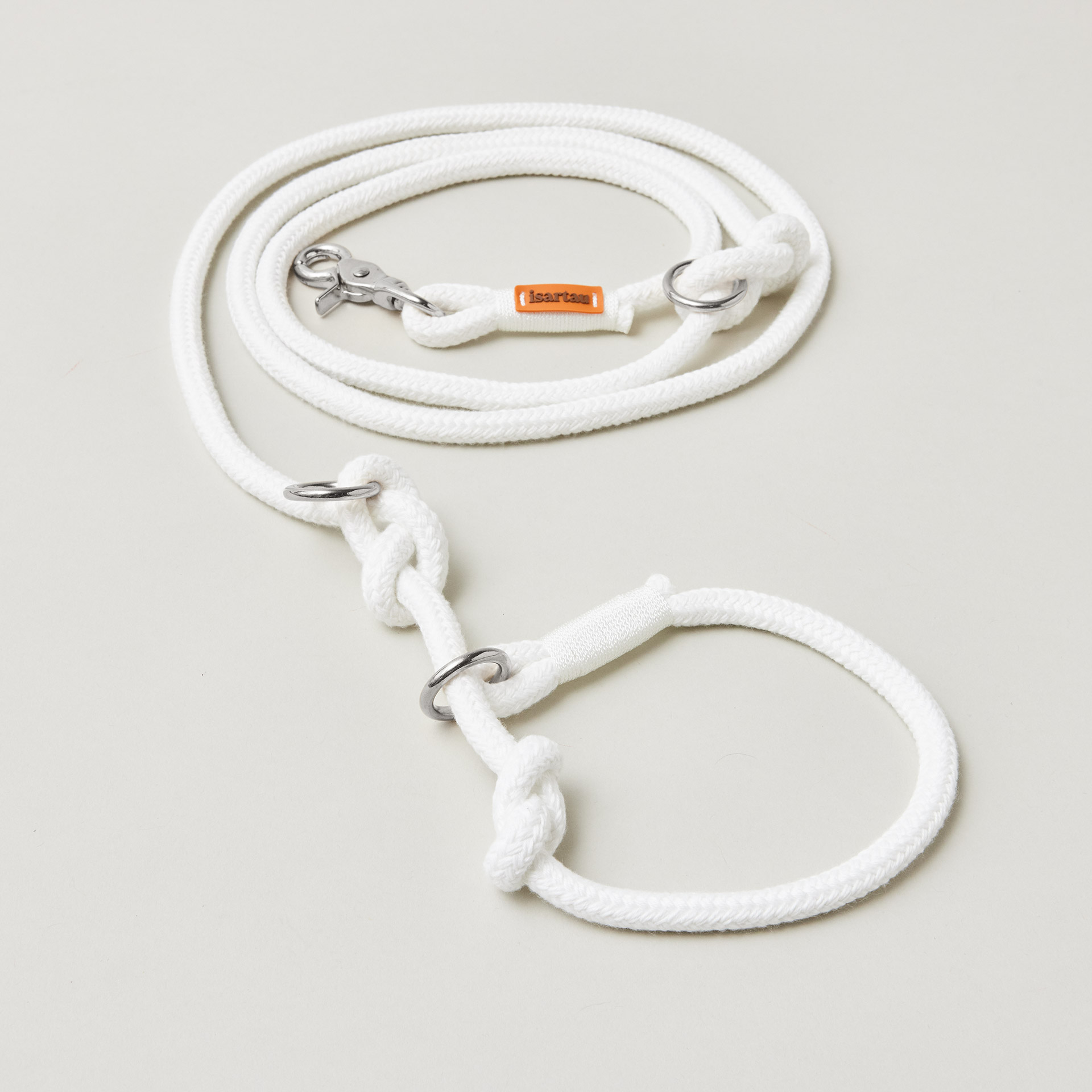 Retrieverleine aus Tau Pure Breeze Weiß, Halsung mit integrierter Leine, silberne Karabiner, 2-fach längenverstellbar, erhältlich in 8 und 10 mm